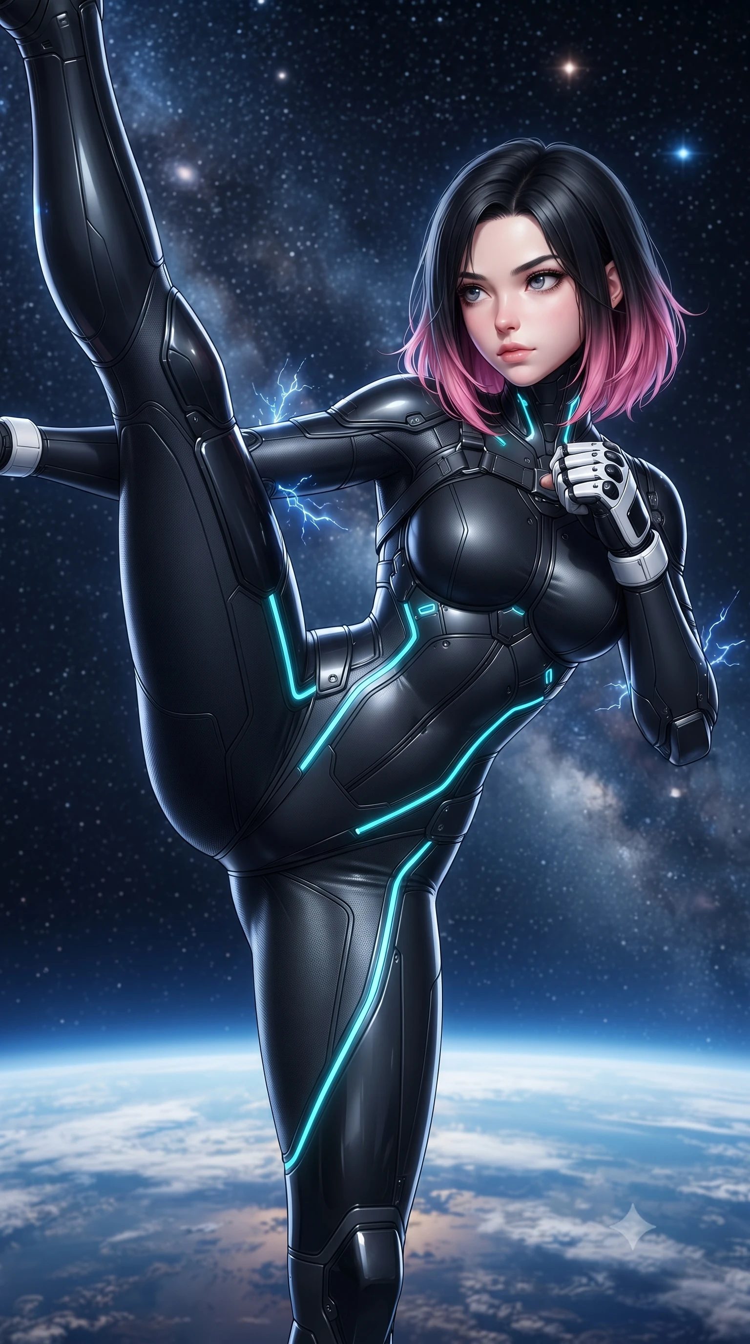score_9, masterpiece, best quality, ultra-detailed, high-budget anime keyframe, editorial fashion photography, tasteful artistic composition, Korean woman. close-up cowboy shot from the waist and thighs up, the character dominates the composition, filling the frame with her large presence. twisting her upper body in a dynamic S-curve martial arts stance, cybernetic elbow dampers emitting subtle electric sparks as she aims a focused palm strike while pivoting dynamically in mid-air as she executes a zero-G 180-degree vertical split kick against the star-filled cosmic backdrop. The surrounding environment is rendered in vivid detail and crisp panoramic clarity. sharp carbon armor joint seams, polished knuckle plate facets, and Earth's atmospheric haze in deep focus. She has an exceptionally elegant, slender, and willowy female figure with an ultra-slim waist, a gracefully sculpted slender torso, toned flat midriff, and a refined slim silhouette. sharp v-shaped jawline, high-bridge nose, intricate jewel-like eyes with depth, thick eyelashes, glossy lips with a natural sheen, flawlessly proportioned anatomical accuracy, strict slender model proportions, natural body alignment, perfectly sculpted long slender limbs, ultra-slim waistline, clean dynamic posture without body distortion. wearing a high-mobility matte-black carbon-fiber combat bodysuit with glowing neon cyan kinetic conduits and Damascus-textured knuckle guards in monochrome white enamel carbon with high-contrast black panels, formed from high-gloss patent carbon-plating with specular chiaroscuro reflections, reinforced by a sleek titanium kinetic harness and glowing micro-energy straps, the form-contouring material adhering flawlessly to her sculpted flat midriff and slender torso, emphasizing her long leg lines and perfectly proportioned willowy build. bathed in dazzling natural orbital sunlight and rich blue planetary ambient bounce light. ultra-reflective glossy finish, specular highlights, dark metallic sheen, high-contrast stereoscopic depth, volumetric dynamic lighting, 2k, ultra detail, master piece, 9:16 ratio