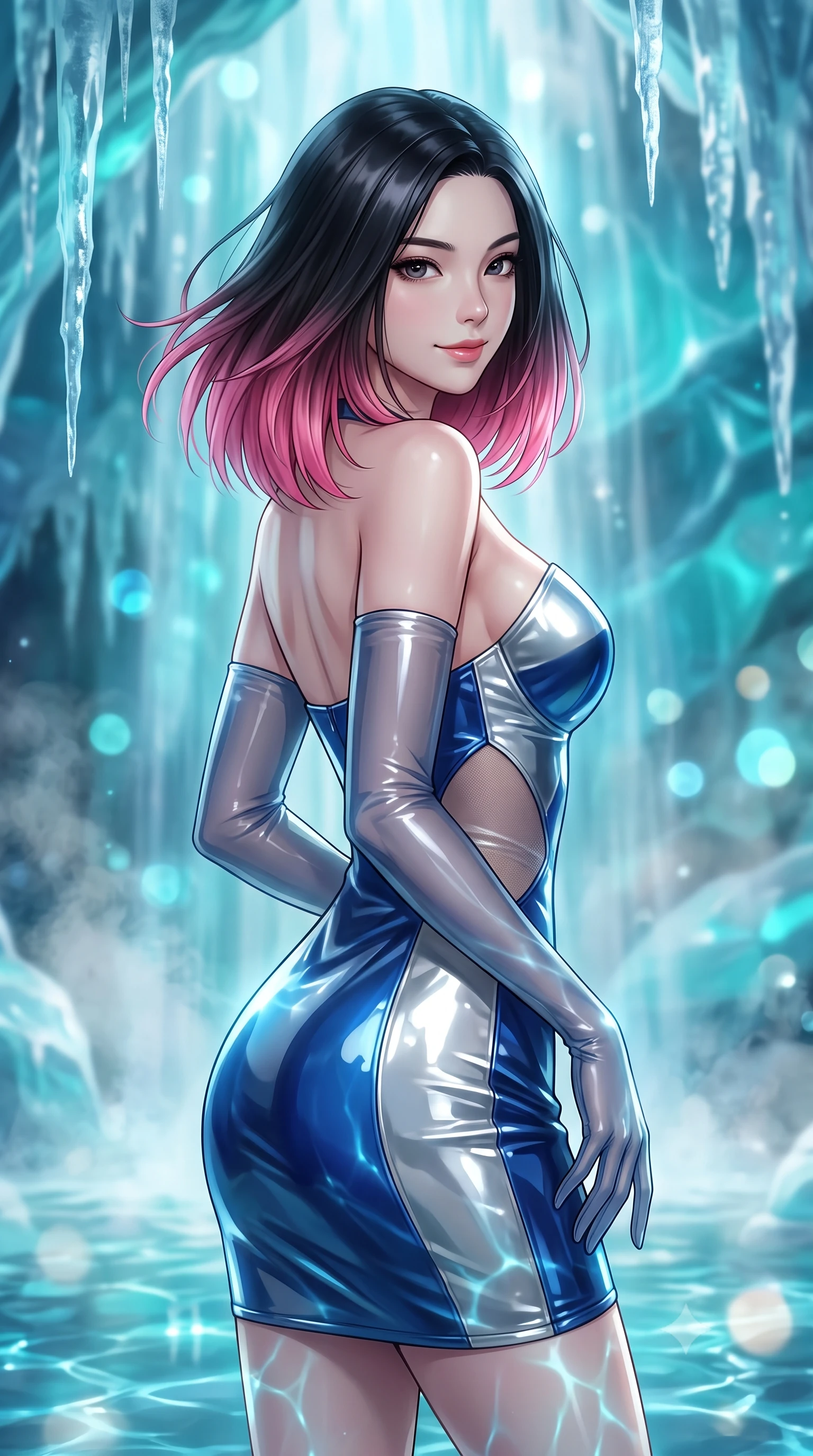 score_9, masterpiece, best quality, ultra-detailed, high-budget anime keyframe, editorial fashion photography, tasteful artistic composition, Korean woman. close-up cowboy shot from the waist and thighs up, the character dominates the composition, filling the frame with her large presence. turning slowly with an enchanting smoldering smile, her glossy hair tossing in the breeze as her hips angle gracefully in a captivating contrapposto while twisting her slender torso in an alluring contrapposto stance beside the thermal waterfall, azure water caustics dancing across her narrow waist and curvy hips. The background shows a soft-focus translucent turquoise and sapphire glacial ice strata, suspended crystalline icicles, and rising thermal mineral steam blurred into cyan, aquamarine, and diamond bokeh. She has an exceptionally elegant, slender, and willowy female figure with an ultra-slim waist, flat toned midriff, narrow ribcage, and sculpted feminine hips creating an alluring, slim hourglass silhouette without bulk. sharp v-shaped jawline, high-bridge nose, intricate jewel-like sparkling eyes with depth, thick eyelashes, glossy parted lips with a natural peach sheen, bright cheerful beaming smile with an enchanting and coquettish sensual glint, exuding both youthful cute charm and seductive allure, flawlessly proportioned anatomical accuracy, strict slender model proportions, natural body alignment, perfectly sculpted long slender limbs, ultra-slim waistline, clean dynamic posture without body distortion. wearing an alluring plunging sweetheart bodice dress with sheer mesh side-waist cutouts contouring her ribs in Shackleton lunar ice silver and Earthrise cobalt, tailored from high-gloss patent leather with mirror-like specular highlights, complemented by sheer opera-length evening gloves tracing her slender arms, the glove-like clinging cut tightly following the natural contour of her hips and long slender legs with youthful 8.5-heads elegance. bathed in natural turquoise light filtering through dense glacial ice combined with soft warm 2700K underwater thermal LEDs. ultra-reflective glossy finish, specular highlights, rich textural contrasts, high-contrast stereoscopic depth, volumetric dynamic lighting, 2k, ultra detail, master piece, 9:16 ratio