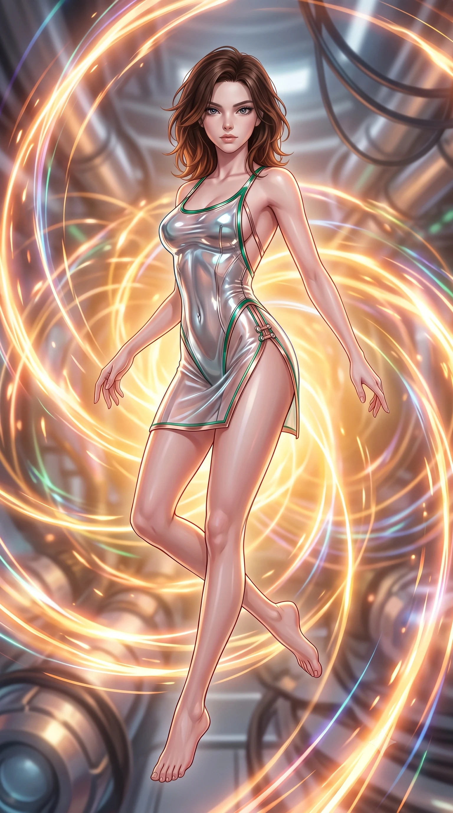score_9, masterpiece, best quality, ultra-detailed, high-budget anime keyframe, semi-realistic 3D game render, editorial fashion photography, tasteful artistic composition, Korean woman. low angle full-body shot from head to toe showing her feet, filling the entire 9:16 vertical frame with her statuesque presence, stretching her vertical silhouette. pivoting dynamically in mid-motion with a breathtakingly alluring posture, displaying her flawless model proportions and ultra-slim waist while levitating dynamically in the center of an anti-gravity quantum core as glowing plasma arcs swirl. The composition keeps background elements in soft focus with creamy bokeh. giant reactor core conduits and magnetic field lines softened in shallow focus. She has an absolutely perfect, statuesque 8.5-heads proportion, an exceptionally tall and slender model-like female figure with impossibly long slender legs and an ultra-slim waist. sharp v-shaped jawline, high-bridge nose, intricate jewel-like eyes with depth, thick eyelashes, glossy lips with a natural sheen, flawlessly proportioned anatomical accuracy, natural body alignment, perfectly sculpted elegant limbs, clean dynamic posture without body distortion. wearing a liquid chrome micro-bodysuit sculpted tightly to her figure, featuring razor-thin metallic straps and an open back in emerald green and metallic rose gold trim, tailored from semi-translucent cybernetic vinyl with glowing micro-filaments, finished with an ultra-high side slit secured by miniature magnetic clasps, the liquid-tight fabric adhering flawlessly to her sculpted torso and slender silhouette. bathed in blazing golden-orange plasma radiance and sharp electric rim lighting. highly saturated vibrant anime colors, detailed shading with soft gradients, rich glossy textures, high-contrast stereoscopic depth, volumetric dynamic lighting, master piece, 9:16 ratio