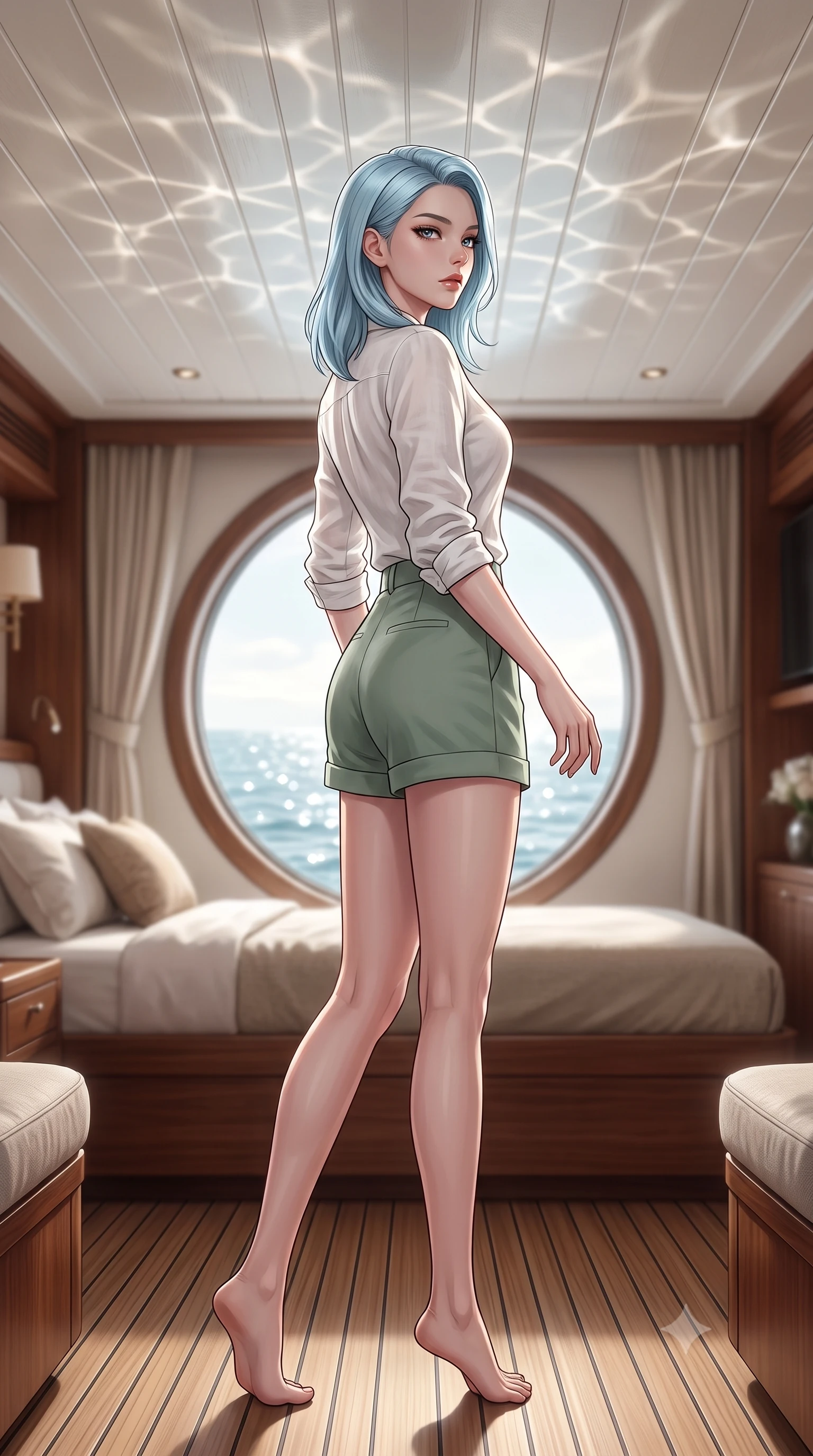 score_9, masterpiece, best quality, ultra-detailed, high-budget anime keyframe, editorial fashion photography, tasteful artistic composition, Korean woman woman. low angle full-body shot from head to toe showing her feet, filling the entire 9:16 vertical frame with her statuesque presence, stretching her vertical silhouette. stepping gracefully while looking back over her shoulder, her dress draped tightly to reveal her silhouette the background shows a soft-focus a comfortable cabin bedroom of a luxury yacht, facing a large round portlight window looking at the sea. She has an absolutely perfect, statuesque 8.5-heads proportion, an exceptionally tall and slender model-like female figure with impossibly long slender legs and an ultra-slim waist. sharp v-shaped jawline, high-bridge nose, intricate jewel-like eyes with depth, thick eyelashes, glossy lips with a natural sheen. wearing a slim-fit comfortable linen button-down shirt in white, tucked into high-waisted sage green shorts. shimmering sunbeams reflecting from the moving sea surface onto the wooden ceiling. 2k, ultra detail, master piece, 9:16 ratio