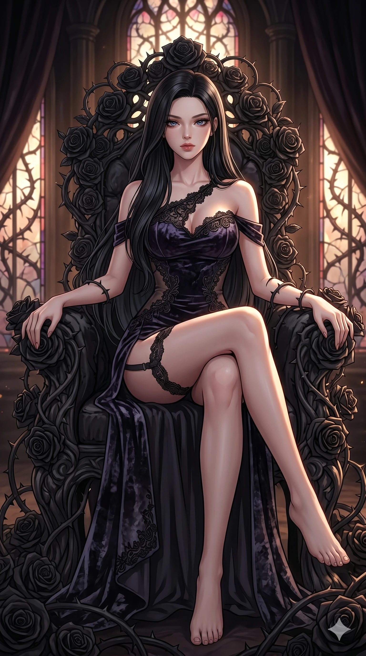 score_9, masterpiece, best quality, ultra-detailed, High-budget Anime Keyframe, East Asian woman. Dynamic full-body shot stretching the vertical silhouette to the limit. Scenario 140: Resting on a throne of black roses, thorns grazing her skin. Her presence is magnetic and overpowering in this high-budget anime scene. Outfit 140: A crushed dark velvet garter with a low-cut shoulder and delicate lace embroidery. The clothing is designed to emphasize her exceptionally tall and slender 8-heads proportion. 8-heads proportion, towering silhouette, ultra-slim waist. sharp v-shaped jawline, intricate jewel-like eyes with depth, thick eyelashes, glossy lips. 2k, ultra detail, master piece, 9:16 ratio