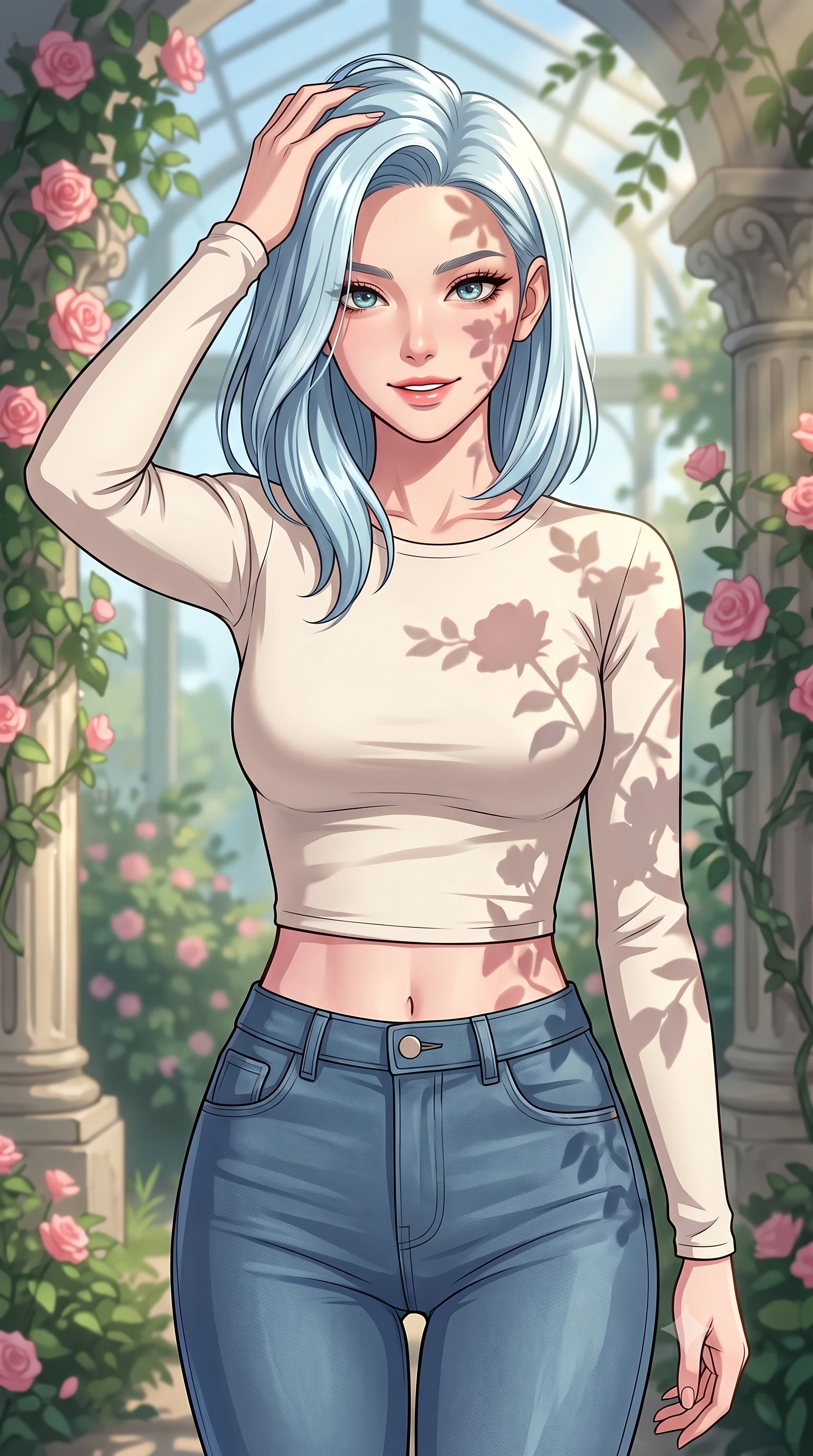 score_9, masterpiece, best quality, ultra-detailed, high-budget anime keyframe, tasteful artistic composition, Korean woman. close-up cowboy shot from the waist and thighs up, the character dominates the composition, filling the frame with her large presence, background elements kept in soft focus. smiling with quiet, magnetic self-assurance directly into the camera, running a hand through her hair the background shows a soft-focus a secluded rose garden glasshouse with climbing pink roses and stone pillars. She has an exceptionally elegant, slender, and willowy female figure with an ultra-slim waist, a gracefully sculpted slender torso, and a refined silhouette. sharp v-shaped jawline, high-bridge nose, intricate jewel-like eyes with depth, thick eyelashes, glossy lips with a natural sheen. wearing a slim-fit body-hugging long-sleeve crop top in cream cotton paired with high-waisted skinny jeans. soft morning sunrays casting elegant shadows of the roses and leaves. highly saturated vibrant anime colors, cel-shading, 2d style, master piece, 9:16 ratio