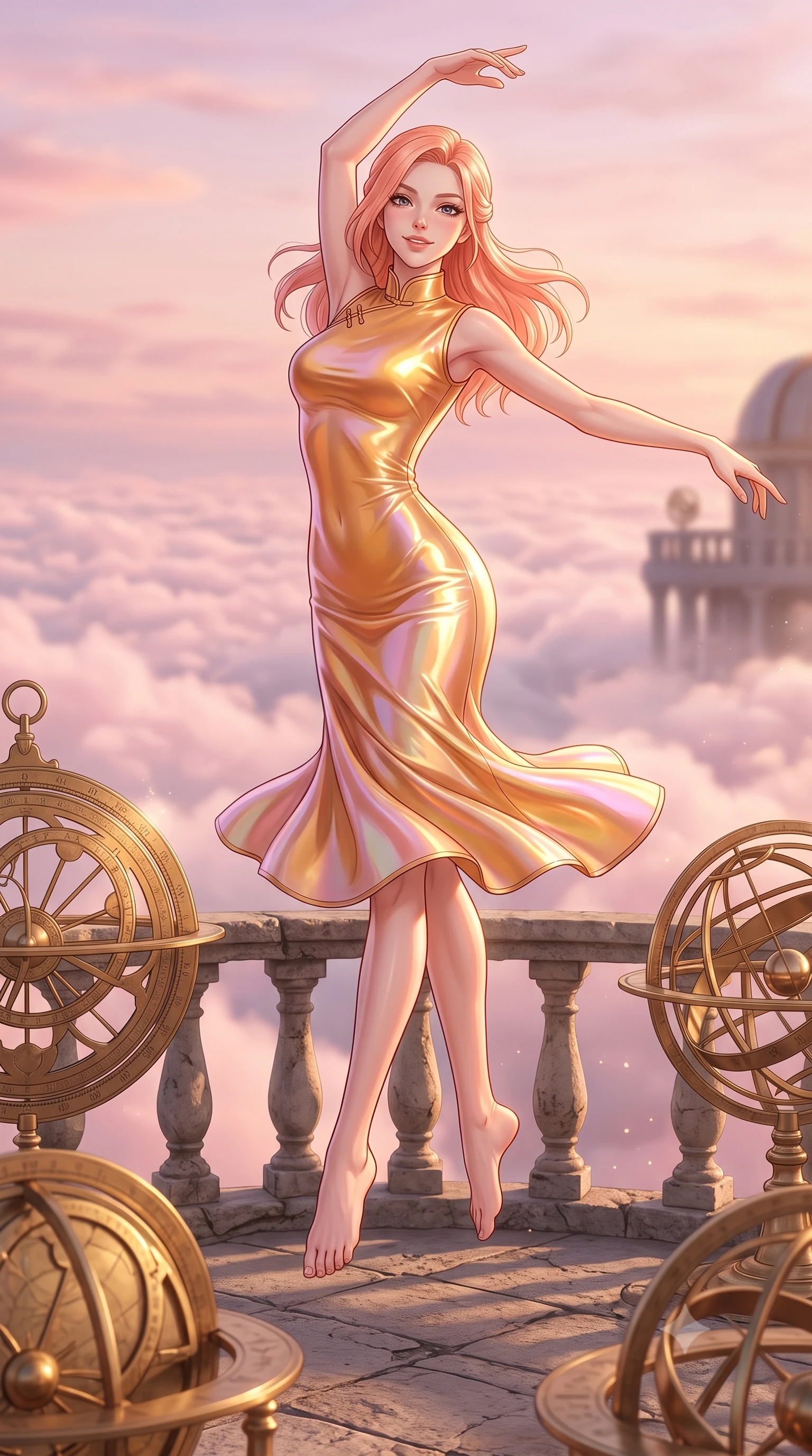 score_9, masterpiece, best quality, ultra-detailed, high-budget anime keyframe, editorial fashion photography, tasteful artistic composition, Japanese woman. low angle full-body shot from head to toe showing her feet, filling the entire 9:16 vertical frame with her statuesque presence, stretching her vertical silhouette. pirouetting mid-air with a playful grin inside standing on the balcony of an ancient stone observatory with rotating brass astrolabes, looking out over a sea of pink-tinted clouds. She has a statuesque 8.5-heads proportion, an exceptionally tall, slender and willowy model-like build with impossibly long legs and a highly sculpted ultra-slim waist. sharp v-shaped jawline, high-bridge nose, intricate jewel-like eyes with depth, thick eyelashes, glossy lips with a natural sheen. wearing a form-contouring qipao-inspired midi dress in liquid amber silk with a mandarin collar, catching gold reflections along her curves. warm dawn light reflecting off the brass instruments, painting the sky in pastel hues of pink and gold. 2k, ultra detail, master piece, 9:16 ratio