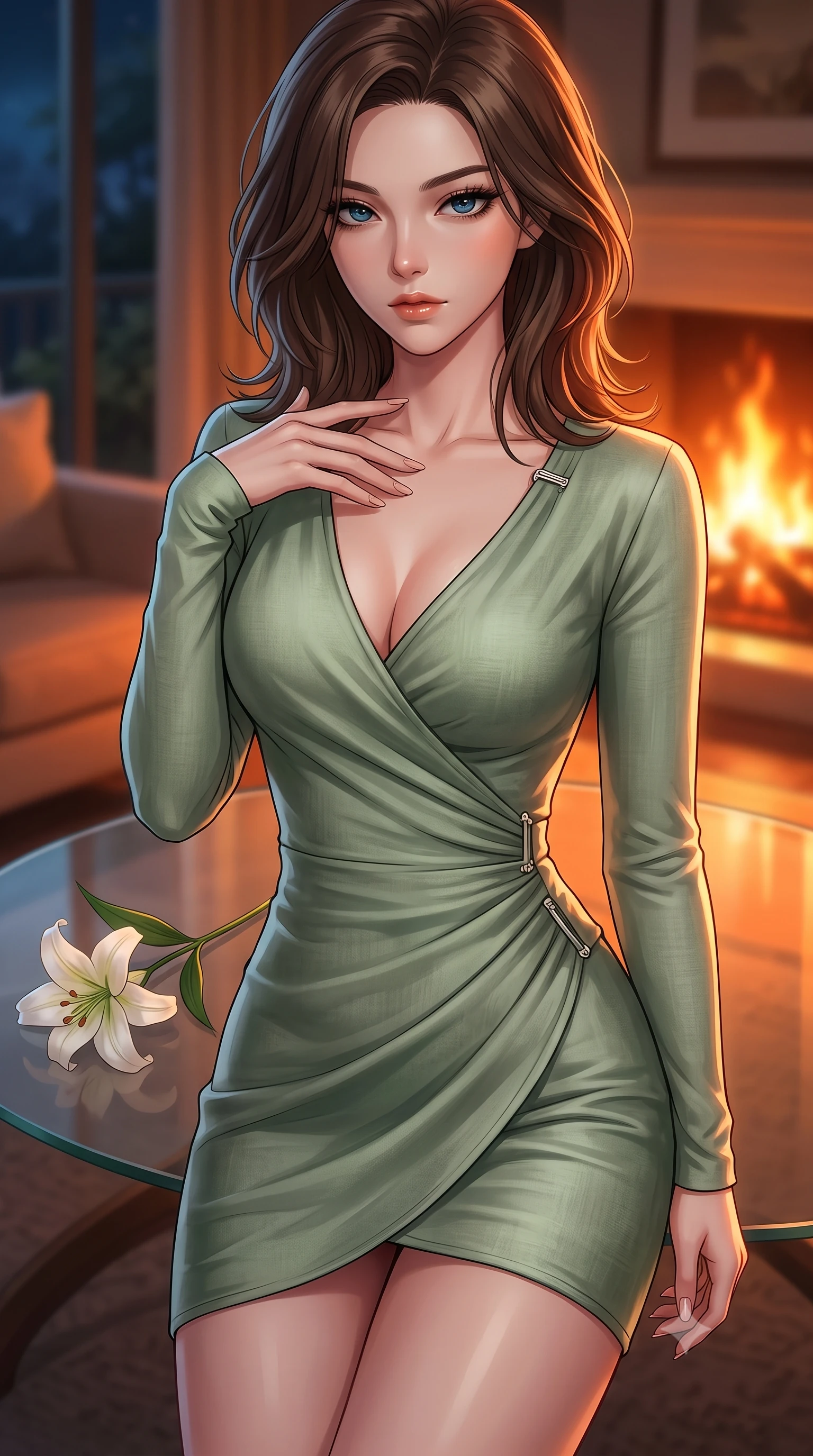 score_9, masterpiece, best quality, ultra-detailed, high-budget anime keyframe, editorial fashion photography, tasteful artistic composition, Korean woman. close-up cowboy shot from the waist and thighs up, the character dominates the composition, filling the frame with her large presence, background elements kept in soft focus. gently tracing her fingertips along her bare collarbone, casting a sultry gaze beneath long dark eyelashes set against a soft-focus background of inside an exclusive moonlit garden terrace with a single long-stemmed white lily resting against a polished glass surface. She has an exceptionally elegant, slender, and willowy female figure with an ultra-slim waist, a gracefully sculpted slender torso, and a refined silhouette. sharp v-shaped jawline, high-bridge nose, intricate jewel-like eyes with depth, thick eyelashes, glossy lips with a natural sheen. wearing body-hugging sage green soft linen sleek long-sleeve silk wrap dress contouring her ultra-slim waist elegantly accented with delicate silver hardware. bathed in cozy, flickering fireplace light that paints the room in a warm orange wash. highly saturated vibrant anime colors, detailed shading with soft gradients, rich glossy textures, high-contrast stereoscopic depth, volumetric dynamic lighting, master piece, 9:16 ratio
