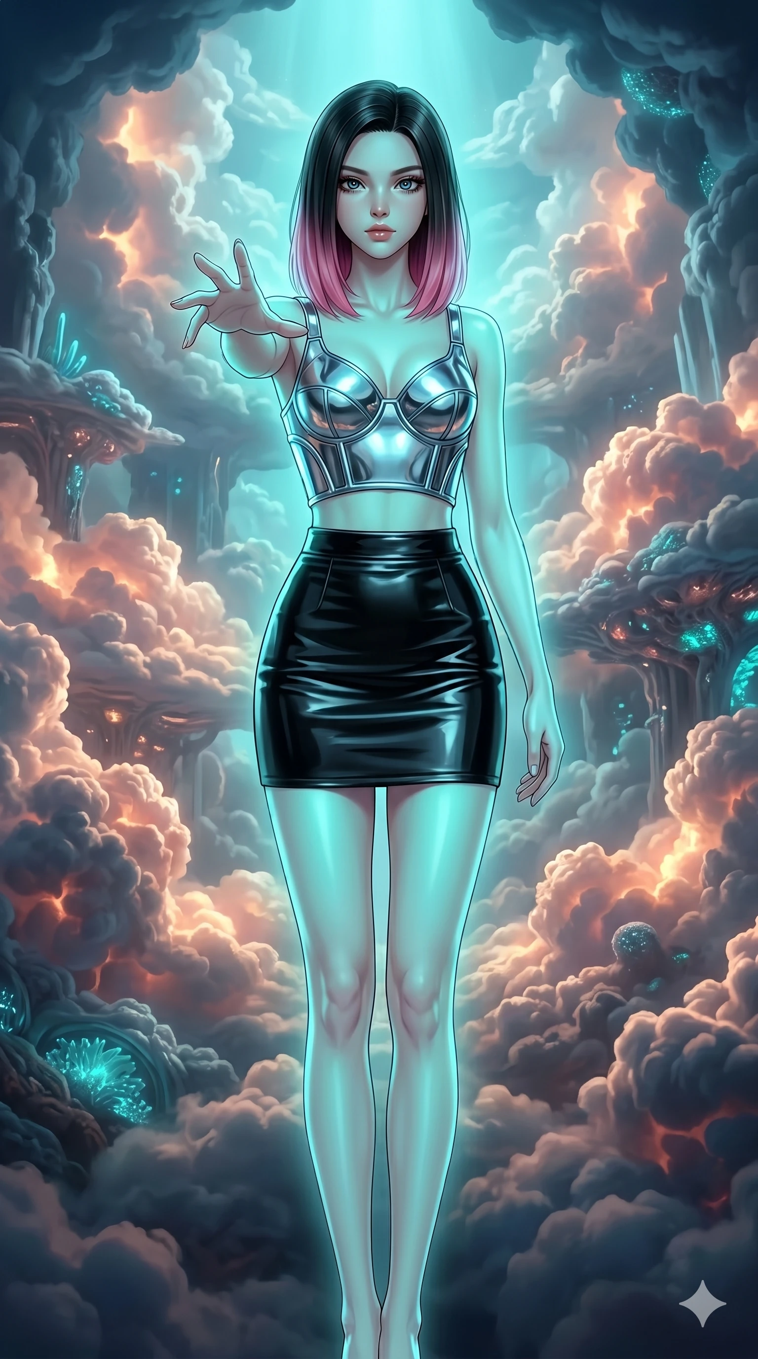 score_9, masterpiece, best quality, ultra-detailed, high-budget anime keyframe, editorial fashion photography, tasteful artistic composition, Korean woman. cowboy shot from the thighs up, character and outfit filling the frame for maximum editorial presence. Reaching one hand toward the viewer with relaxed elegance inside a luminous cloud palace where cumulus formations glow with amber and rose from within. She has an absolutely perfect 8-heads proportion, an exceptionally tall and slender female figure with impossibly long slender legs and an ultra-slim waist. V-shaped jawline, high-bridge nose, intricate jewel-like eyes with depth, thick eyelashes, glossy lips with a natural sheen. wearing a sculptural chrome-plated structured crop top with molded geometric cups and architectural side boning, paired with a high-waist black gloss leather mini skirt to mid-thigh. illuminated by soft aqua bioluminescent light that makes her skin luminously glow against the dark. 2k, ultra detail, master piece, 9:16 ratio