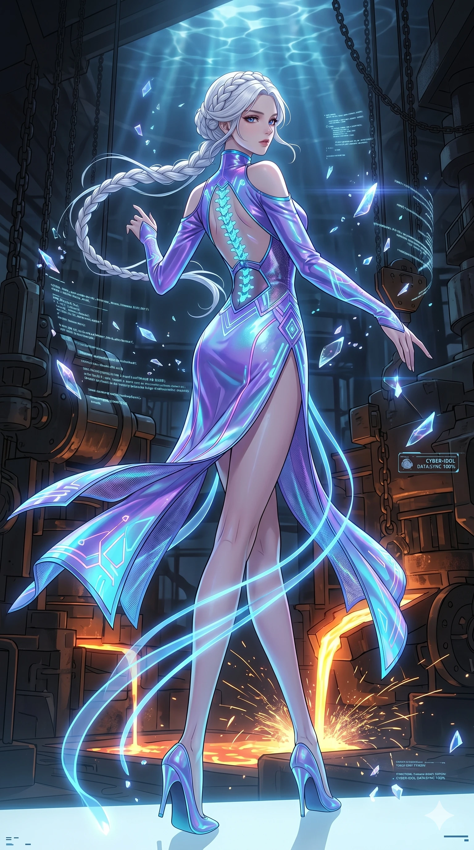 score_9, masterpiece, best quality, ultra-detailed, High-budget Anime Keyframe, vibrant colors, fluid line-art, expressive lighting, cinematic composition, Ufotable-style visual effects, top-tier animation quality, Korean woman with idol-like refined features. Cinematic low angle perspective showcasing her towering height and perfect 8-heads proportion. Dancing gracefully with floating data-shards and crystalline fragments in a minimalist digital void, her movements leaving trails of glowing blue light. She has an absolutely perfect 8-heads proportion, an exceptionally tall and slender female figure with impossibly long slender legs and an ultra-slim waist, her statuesque height and towering silhouette dominating the vertical 9:16 frame. Her face is a masterpiece featuring a sharp v-shaped jawline, high-bridge nose, intricate jewel-like eyes with depth, thick eyelashes, and glossy lips with a natural sheen. She is wearing a Cyberpunk neon-lit qipao with a dangerous high slit and intricate digital embroidery crafted from Iridescent vinyl with a futuristic sheen that shifts between violet and cyan, boasting shoulder cut-outs and a glowing spinal interface visible through the back. The scene is set in a gritty industrial factory with glowing molten metal, flying sparks, and deep shadows, illuminated by underwater caustic lighting with ripples of light dancing across her body. 2k, ultra detail, master piece, 9:16 ratio