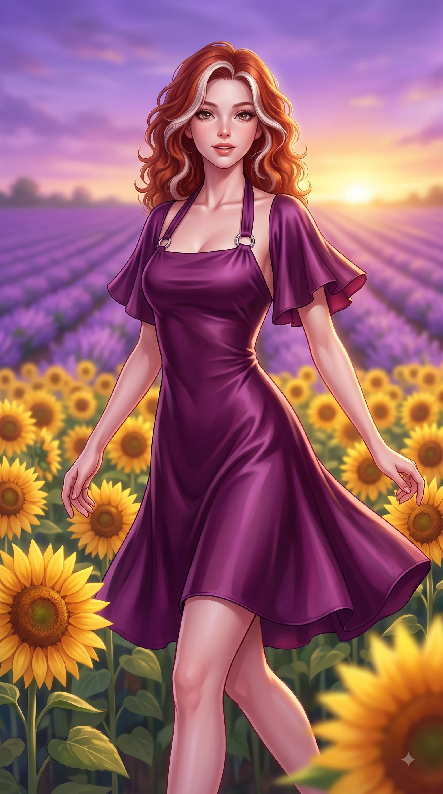 score_9, masterpiece, best quality, ultra-detailed, high-budget anime keyframe, editorial fashion photography, tasteful artistic composition, Caucasian woman. close-up cowboy shot from the waist and thighs up, the character dominates the composition, filling the frame with her large presence. Radiant anticipation in her face, glowing with hopeful curiosity and warm expectant energy while pivoting in mid-stride amidst golden sunflowers as dusk light casts a magical purple-gold sky. The composition keeps background elements in soft focus with dreamy bokeh. endless violet lavender rows and golden sunset clouds blurred into dreamy pastel bokeh. She has an exceptionally elegant, slender, and willowy female figure with an ultra-slim waist, a gracefully sculpted slender torso, and a refined silhouette. sharp v-shaped jawline, high-bridge nose, intricate jewel-like eyes with depth, thick eyelashes, glossy lips with a natural sheen, flawlessly proportioned anatomical accuracy, natural body alignment, perfectly sculpted elegant limbs, clean dynamic posture without body distortion. wearing a rich plum purple halter-neck silk dress with silver ring hardware in royal navy blue and pure ivory, crafted from smooth liquid silk satin, featuring elegant flutter sleeves and a graceful square neckline, the fluid drape swaying gracefully with her dynamic editorial movement. bathed in ethereal twilight glow and warm golden sunset horizon light. highly saturated vibrant anime colors, detailed shading with soft gradients, rich glossy textures, high-contrast stereoscopic depth, volumetric dynamic lighting, master piece, 9:16 ratio