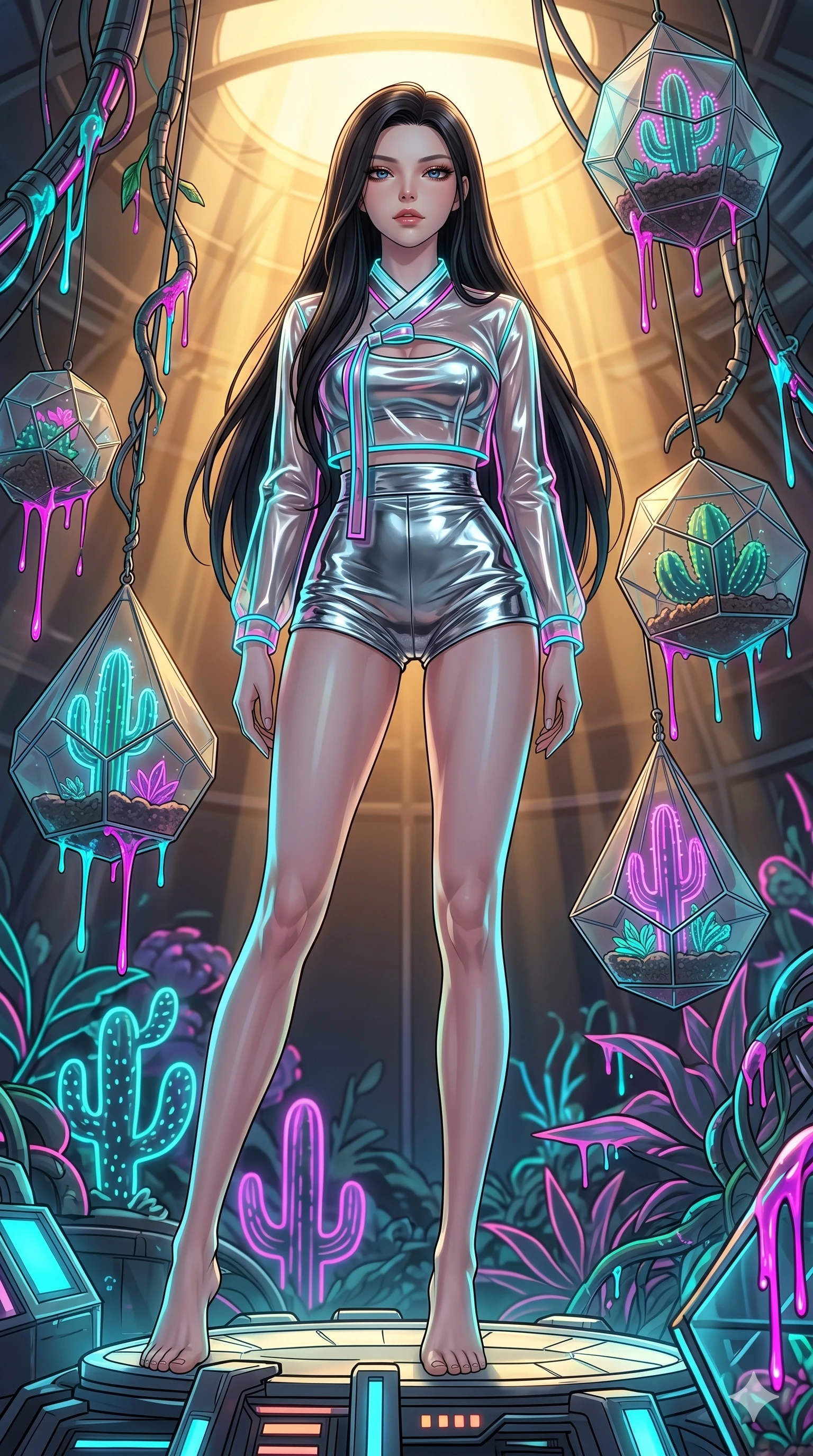 score_9, masterpiece, best quality, ultra-detailed, high-budget anime keyframe, Japanese woman. low angle full-body shot filling the entire 9:16 frame with her statuesque presence, stretching the vertical silhouette. standing in a retro-futuristic synthwave greenhouse where glowing neon cacti and polyhedral glass terrariums float around her, while fluorescent cyber-sap drips from cybernetic vines. She has an absolutely perfect 8-heads proportion, an exceptionally tall and slender female figure with impossibly long slender legs and an ultra-slim waist. V-shaped jawline, high-bridge nose, intricate jewel-like eyes with depth, thick eyelashes, glossy lips with a natural sheen.. wearing a vinyl liquid mercury fusion hanbok, featuring a translucent chrome-silver vinyl jeogori and high-waist micro-shorts, detailed with glowing neon wire trims and a tasteful chest slit. showcasing a beautiful play of light and shadow, with warm golden rays clashing against cool cyan highlights. 2k, ultra detail, master piece, 9:16 ratio