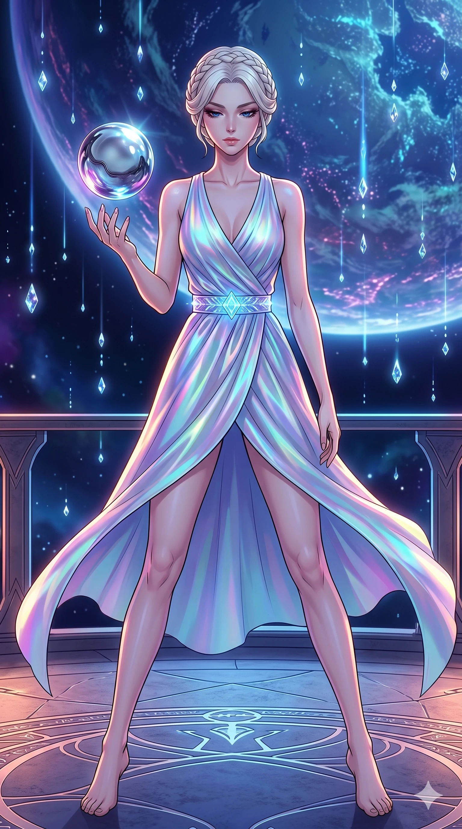 score_9, masterpiece, best quality, ultra-detailed, High-budget Anime Keyframe, vibrant colors, fluid line-art, expressive lighting, cinematic composition, Ufotable-style visual effects, top-tier animation quality, Japanese woman with delicate and elegant anime-inspired features. Low angle cowboy shot filling the entire 9:16 frame with her statuesque presence, looking up to emphasize her height. Manipulating a sphere of liquid mercury that reflects the neon pulse of the surroundings. She has an absolutely perfect 8-heads proportion, an exceptionally tall and slender female figure with impossibly long slender legs and an ultra-slim waist, her statuesque height and towering silhouette dominating the vertical 9:16 frame. Her face is a masterpiece featuring a sharp v-shaped jawline, high-bridge nose, intricate jewel-like eyes with depth, thick eyelashes, and glossy lips with a natural sheen. She is wearing a Iridescent silk wrap-dress that flows like water, secured by a glowing crystalline belt. The scene is set in a celestial terrace overlooking a planet where it rains liquid diamonds. 2k, ultra detail, master piece, 9:16 ratio