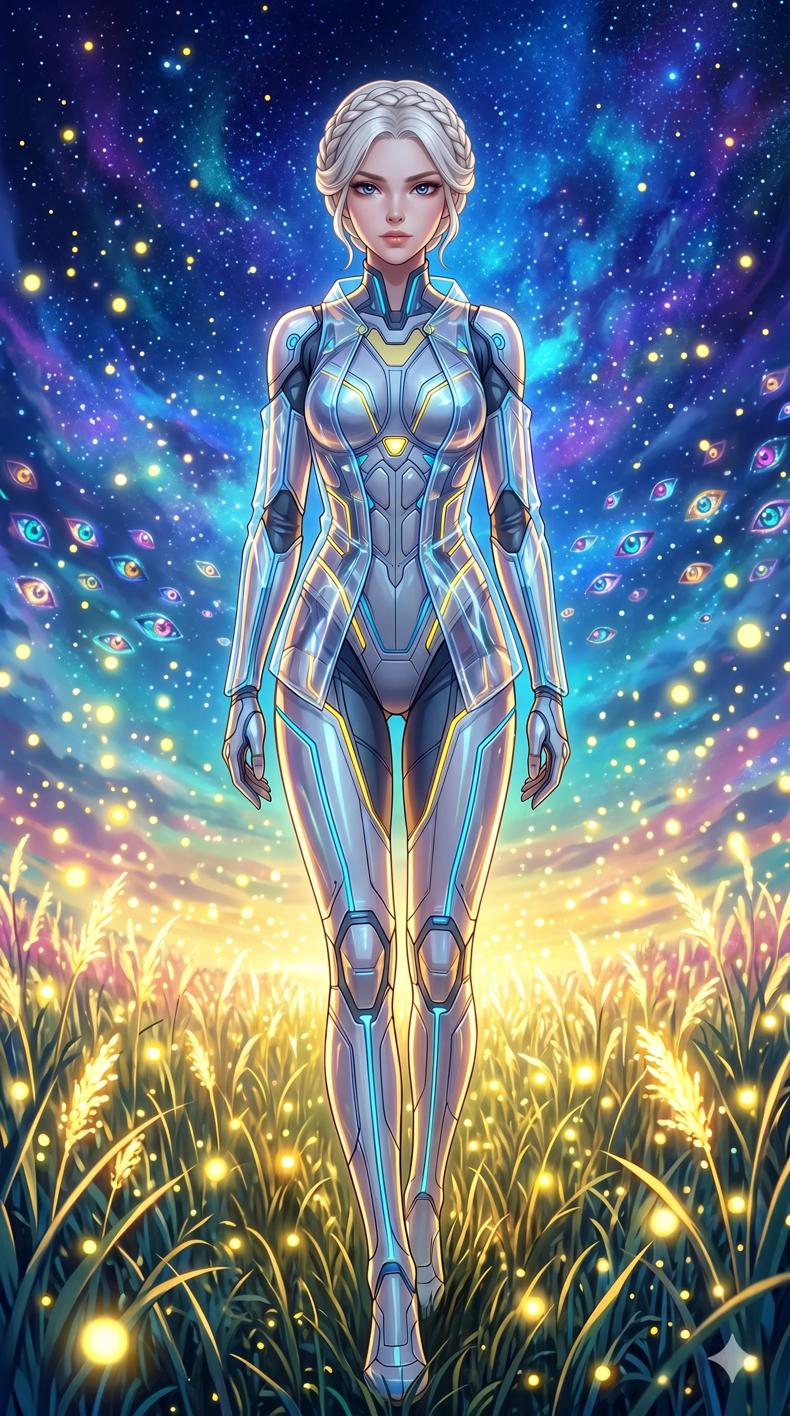 score_9, masterpiece, best quality, ultra-detailed, Set C: High-budget Anime Keyframe, Korean woman. Low angle cowboy shot filling the entire 9:16 frame with her statuesque presence. Walking through a field of tall grass that glows with fireflies. She has an absolutely perfect 8-heads proportion, an exceptionally tall and slender female figure with impossibly long slender legs and an ultra-slim waist. Sharp v-shaped jawline, high-bridge nose, intricate jewel-like eyes with depth, thick eyelashes, glossy lips. Wearing a Tech-Fantasy outfit: cybernetic tech-suit with glowing seams and translucent PVC. Background is a bright and colorful meadow with thousands of yellow lights and a vibrant starry sky. 2k, ultra detail, master piece, 9:16 ratio