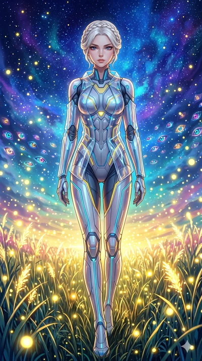 score_9, masterpiece, best quality, ultra-detailed, Set C: High-budget Anime Keyframe, Korean woman. Low angle cowboy shot filling the entire 9:16 frame with her statuesque presence. Walking through a field of tall grass that glows with fireflies. Sh