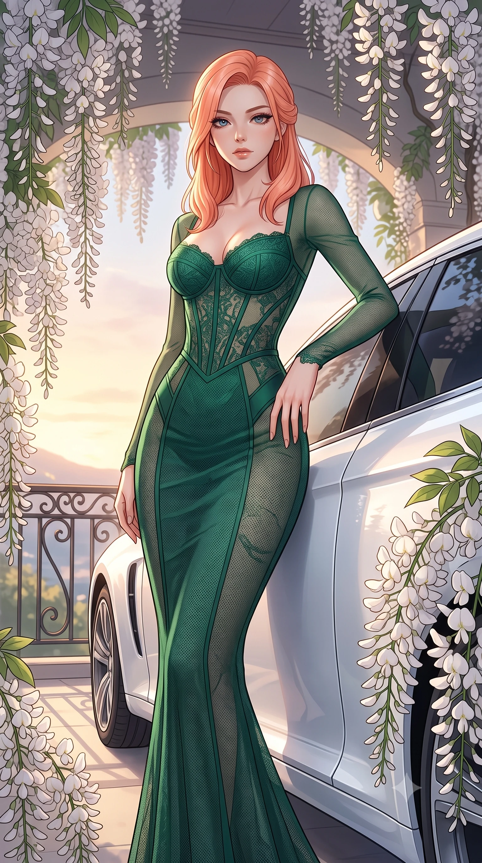 score_9, masterpiece, best quality, ultra-detailed, High-budget Anime Keyframe, East Asian woman. Low angle cowboy shot filling the entire 9:16 frame with her statuesque presence. Scenario 444: leaning against a sleek white hover-limousine by a quiet balcony surrounded by trailing white wisteria flowers. Her presence is magnetic and overpowering in this high-budget anime scene. Outfit 444: a slim-fit emerald green micro-mesh lace corset dress with sheer sleeves and opaque panels. The clothing is designed to emphasize her exceptionally tall and slender 8-heads proportion. 8-heads proportion, towering silhouette, ultra-slim waist. sharp v-shaped jawline, intricate jewel-like eyes with depth, thick eyelashes, glossy lips. 2k, ultra detail, master piece, 9:16 ratio