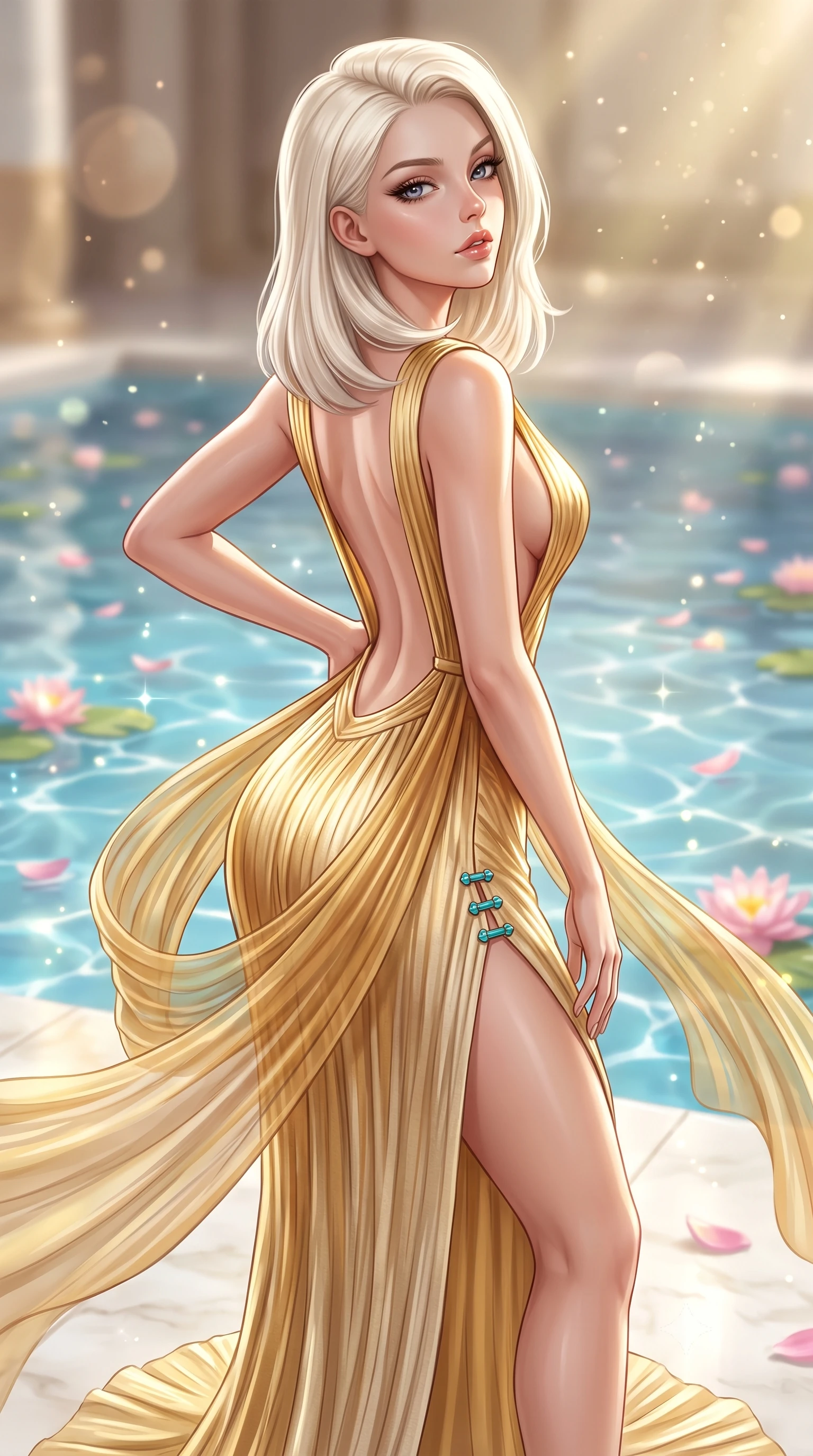 score_9, masterpiece, best quality, ultra-detailed, high-budget anime keyframe, semi-realistic 3D game render, editorial fashion photography, tasteful artistic composition, Caucasian woman. close-up cowboy shot from the waist and thighs up, the character dominates the composition, filling the frame with her large presence. tilting her chin up with proud, sovereign allure while gazing through thick eyelashes, one hand resting on her waist in pure supermodel charisma while pivoting gracefully on the polished alabaster temple floor, her sheer pleated gold drapery swirling around her statuesque hips and long legs. The composition keeps background elements in soft focus with creamy bokeh. sparkling pool caustics and floating lotus petals scattering radiant sunlight motes across the sanctuary. She has an exceptionally elegant, slender, and willowy female figure with an ultra-slim waist, a gracefully sculpted slender torso, toned flat midriff, and rounded feminine hips creating an alluring hourglass silhouette. sharp v-shaped jawline, high-bridge nose, intricate jewel-like eyes with depth, thick eyelashes, glossy parted lips with a natural sheen, intensely captivating and seductive bedroom-eyes expression, flawlessly proportioned anatomical accuracy, strict slender model proportions, natural body alignment, perfectly sculpted long slender limbs, ultra-slim waistline, clean dynamic posture without body distortion. wearing a liquid-gold metallic pleated column gown with an ultra-deep plunging open back and hip-hugging silhouette in warm honey yellow and natural linen cream, crafted from breathable crinkled linen with organic desert dye, finished with an ultra-high side slit secured by miniature turquoise clasps, the form-contouring material adhering flawlessly to her sculpted flat midriff and slender torso, emphasizing her long leg lines and perfectly proportioned willowy build. surrounded by a sovereign, divine, and breathlessly mesmerizing Nile queen aura. highly saturated vibrant anime colors, detailed shading with soft gradients, rich glossy textures, high-contrast stereoscopic depth, volumetric dynamic lighting, master piece, 9:16 ratio