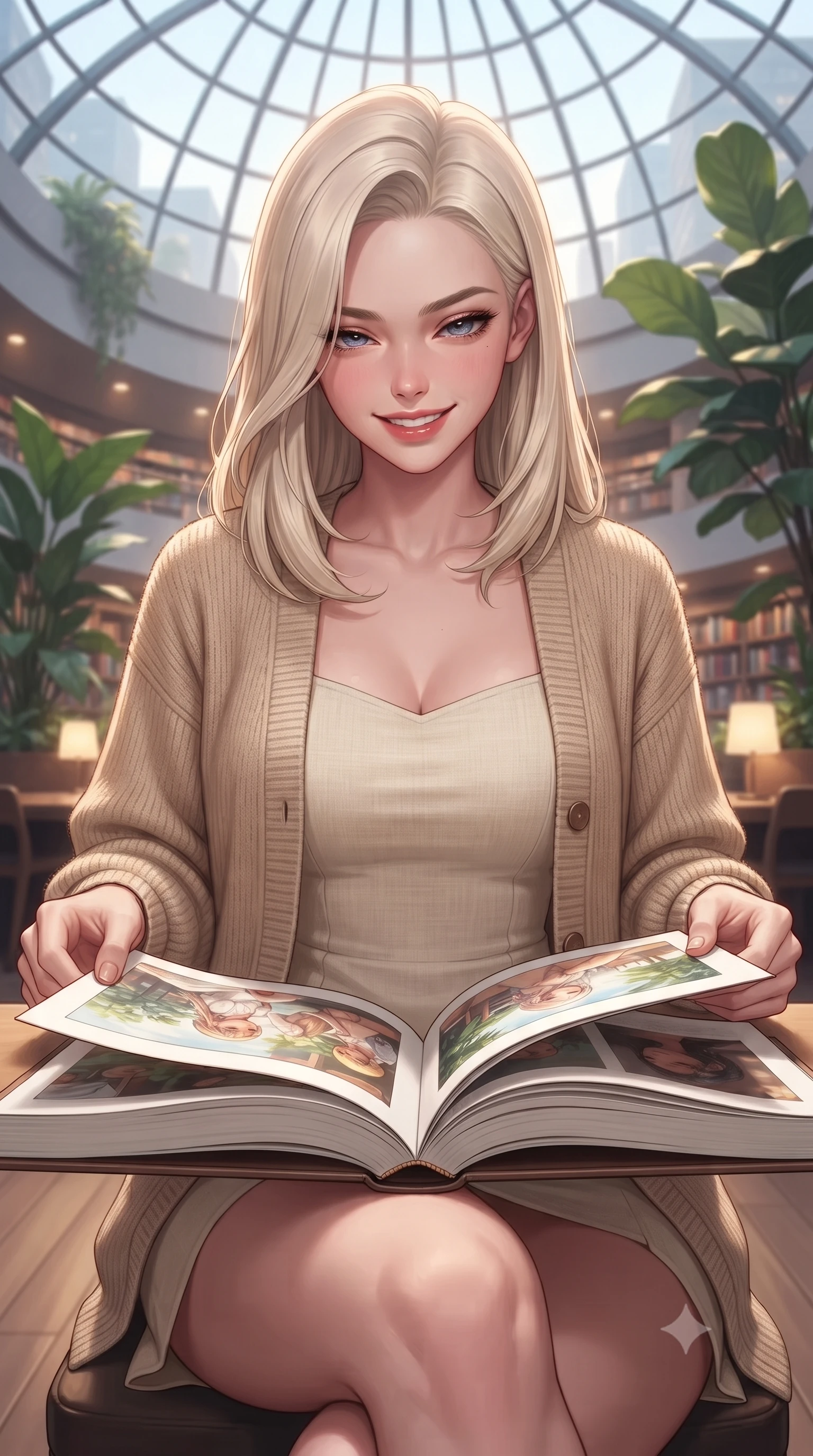 score_9, masterpiece, best quality, ultra-detailed, high-budget anime keyframe, editorial fashion photography, tasteful artistic composition, Caucasian woman. close-up cowboy shot from the waist and thighs up, the character dominates the composition, filling the frame with her large presence, background elements kept in soft focus. looking down at the camera beneath lowered lashes with a quiet, alluring confidence set against a soft-focus background of inside a modern city library under a huge glass dome ceiling with leafy plants flipping through a large illustrated art book with a delighted grin. She has an exceptionally elegant, slender, and willowy female figure with an ultra-slim waist, a gracefully sculpted slender torso, and a refined silhouette. sharp v-shaped jawline, high-bridge nose, intricate jewel-like eyes with depth, thick eyelashes, glossy lips with a natural sheen. wearing form-contouring cozy knit cardigan in beige, layered over a casual linen dress. warm ambient uplighting creating a cozy, studious evening ambiance. highly saturated vibrant anime colors, detailed shading with soft gradients, rich glossy textures, high-contrast stereoscopic depth, volumetric dynamic lighting, master piece, 9:16 ratio