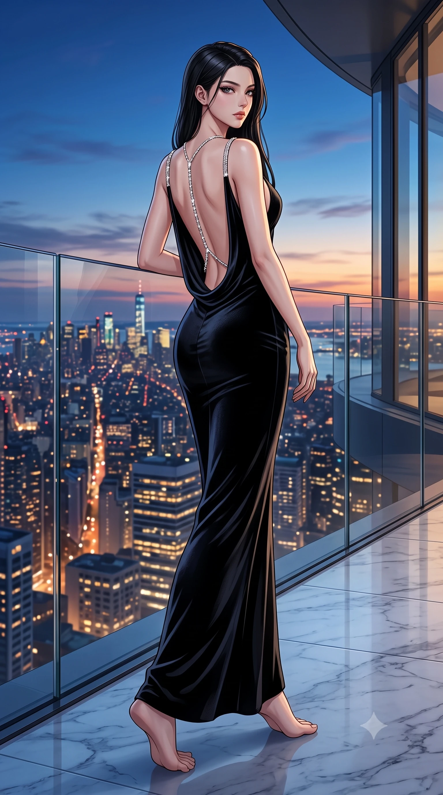 score_9, masterpiece, best quality, ultra-detailed, high-budget anime keyframe, semi-realistic 3D game render, editorial fashion photography, tasteful artistic composition, Korean woman. low angle full-body shot from head to toe showing her feet, filling the entire 9:16 vertical frame with her statuesque presence, stretching her vertical silhouette. striding forward in a proud, dynamic supermodel runway stride, her statuesque vertical silhouette commanding the entire frame while leaning against the seamless glass barrier of an ultra-luxury penthouse terrace overlooking a sparkling city skyline at dusk. The surrounding environment is rendered in vivid detail and crisp panoramic clarity. sleek modern luxury chiaroscuro and futuristic skyline elegance rendered with environmental precision. She has an absolutely perfect, statuesque 8.5-heads proportion, an exceptionally tall and slender model-like female figure with impossibly long slender legs, a toned flat midriff, and an ultra-slim waist. sharp v-shaped jawline, high-bridge nose, intricate jewel-like eyes with depth, thick eyelashes, glossy lips with a natural sheen, captivating and magnetic expression, flawlessly proportioned anatomical accuracy, strict slender model proportions, natural body alignment, perfectly sculpted long slender limbs, ultra-slim waistline, clean dynamic posture without body distortion. wearing an opulent backless black velvet evening gown with a plunging cowl back and diamond-encrusted shoulder straps in midnight black and liquid gold, crafted from heavyweight crushed silk velvet with liquid luster, accented with a glittering diamond back chain tracing her bare spine, the glove-like aerodynamic second-skin fit tightly clinging to her ultra-slender waist and athletic curves without adding bulk, accentuating her razor-sharp statuesque lines and slim hourglass silhouette. illuminated by crisp directional edge lights sharply sculpting her slender waist and long slender legs. highly saturated vibrant anime colors, detailed shading with soft gradients, rich glossy textures, high-contrast stereoscopic depth, volumetric dynamic lighting, master piece, 9:16 ratio