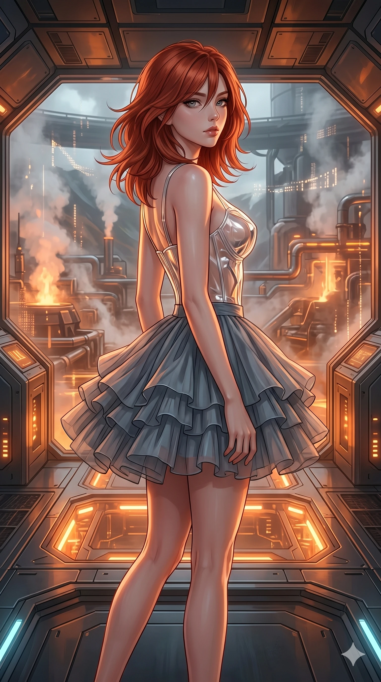 score_9, masterpiece, best quality, ultra-detailed, high-budget anime keyframe, editorial fashion photography, tasteful artistic composition, Korean woman. cowboy shot from the thighs up, character and outfit filling the frame for maximum editorial presence. Turning her head slowly toward the camera, her hair brushing against her shoulders in motion on a high-tech observation deck overlooking a massive geothermal energy plant, as faint echoes of digital chimes float through the space. She has an absolutely perfect 8-heads proportion, an exceptionally tall and slender female figure with impossibly long slender legs and an ultra-slim waist. V-shaped jawline, high-bridge nose, intricate jewel-like eyes with depth, thick eyelashes, glossy lips with a natural sheen. wearing a sculpted transparent polymer glass bustier paired with a multi-layered slate gray tulle mini skirt. bathed in the warm, flickering orange light of an alchemical forge, casting long moving shadows. 2k, ultra detail, master piece, 9:16 ratio