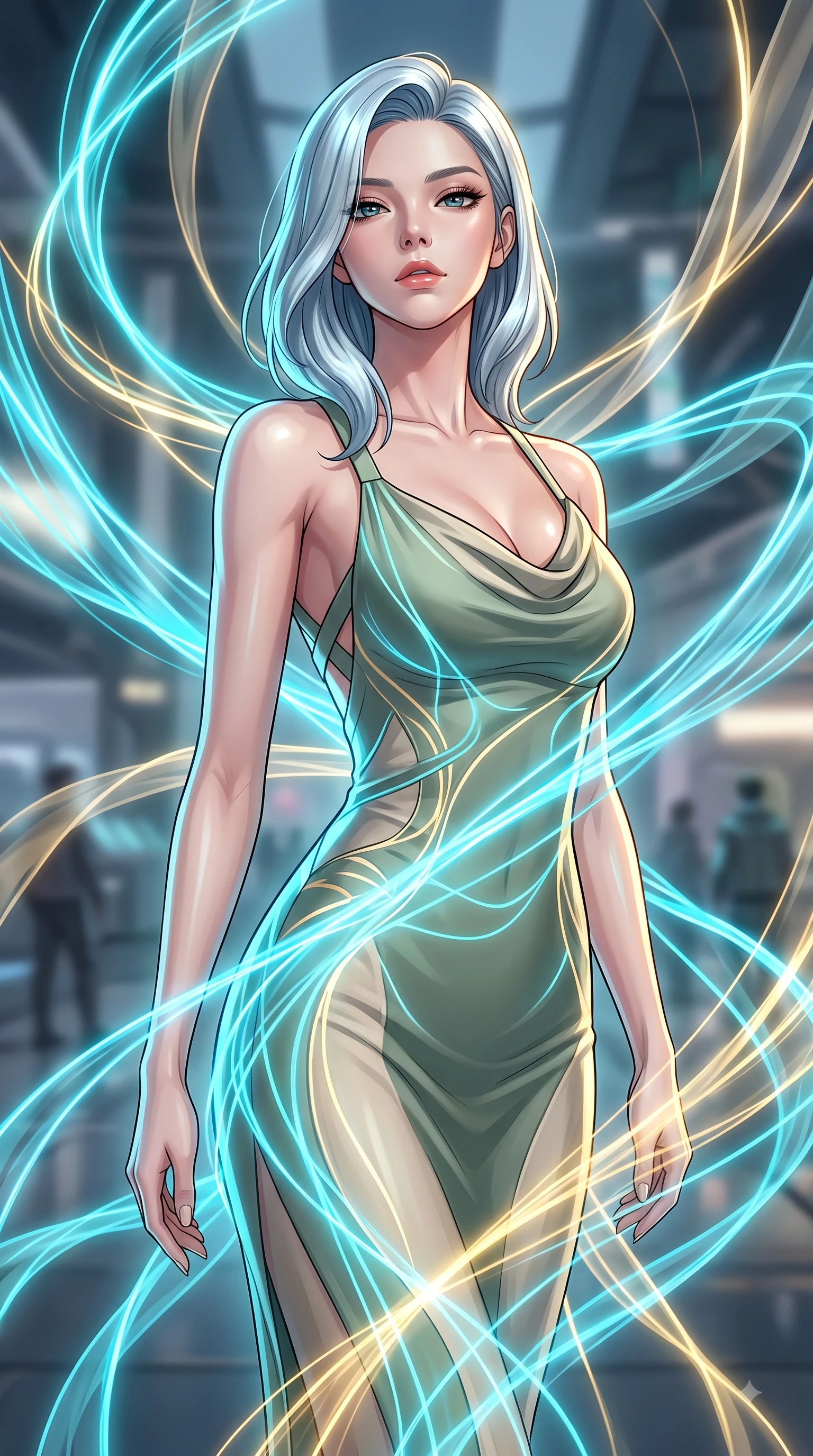 score_9, masterpiece, best quality, ultra-detailed, high-budget anime keyframe, editorial fashion photography, tasteful artistic composition, Korean woman. close-up cowboy shot from the waist and thighs up, the character dominates the composition, filling the frame with her large presence, background elements kept in soft focus. Tilting her chin up with composed magnetism as dramatic side lighting traces her sculpted waist and hip contour while weaving a shimmering dress of light threads that flow around her figure in zero-gravity, translucent silk ribbons swirling around her body like light streams. She has an exceptionally elegant, slender, and willowy female figure with an ultra-slim waist, a gracefully sculpted slender torso, and a refined silhouette. sharp v-shaped jawline, high-bridge nose, intricate jewel-like eyes with depth, thick eyelashes, glossy lips with a natural sheen, flawlessly proportioned anatomical accuracy, natural body alignment, perfectly sculpted elegant limbs, clean dynamic posture without body distortion. wearing an elegant cowl-neck satin midi dress with a graceful draped neckline in sage green and oatmeal, formed from sleek second-skin neoprene, complemented by criss-cross back straps highlighting her bare shoulders, the elegant draped fit framing her graceful clavicle and slender torso. illuminated by the brilliant glow of cyan and gold luminescent plasma threads. highly saturated vibrant anime colors, detailed shading with soft gradients, rich glossy textures, high-contrast stereoscopic depth, volumetric dynamic lighting, master piece, 9:16 ratio