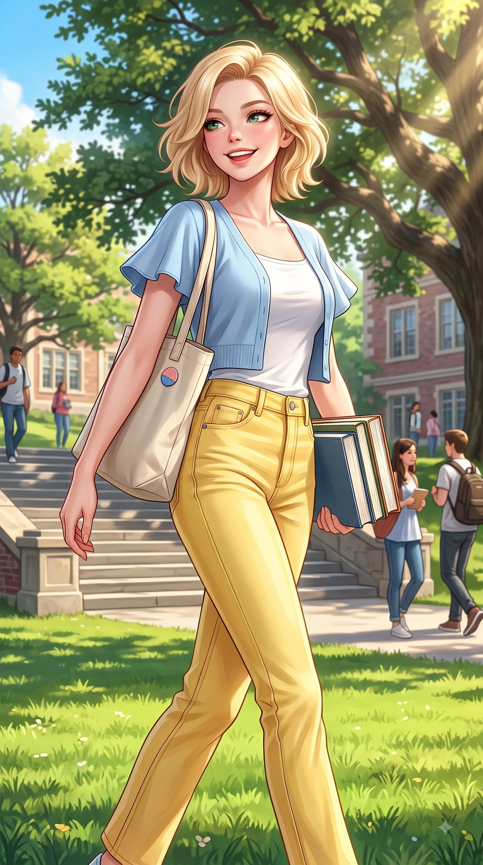 score_9, masterpiece, best quality, ultra-detailed, high-budget anime keyframe, editorial fashion photography, tasteful artistic composition, Caucasian woman. close-up cowboy shot from the waist and thighs up, the character dominates the composition, filling the frame with her large presence. Radiant youthful grin reflecting girlhood charm while casting a playful, joyful side-gaze with heavy lashes while walking happily across a sunlit university campus lawn carrying a canvas tote bag and books. The surrounding environment is rendered in vivid detail and crisp panoramic clarity. bright spring sunbeams illuminating campus stone steps and oak trees with environmental clarity. She has an exceptionally elegant, slender, and willowy female figure with an ultra-slim waist, a gracefully sculpted slender torso, and a refined silhouette. sharp v-shaped jawline, high-bridge nose, intricate jewel-like eyes with depth, thick eyelashes, glossy lips with a natural sheen, flawlessly proportioned anatomical accuracy, natural body alignment, perfectly sculpted elegant limbs, clean dynamic posture without body distortion. wearing a casual chic pastel blue cropped cardigan with high-rise straight-leg denim jeans in bright butter yellow and fresh cream white, crafted from soft breathable linen, featuring elegant flutter sleeves and a graceful square neckline, the soft airy drape swaying gracefully with her dynamic movements. surrounded by an uplifting, fresh, and youthful academic atmosphere. highly saturated vibrant anime colors, detailed shading with soft gradients, rich glossy textures, high-contrast stereoscopic depth, volumetric dynamic lighting, master piece, 9:16 ratio