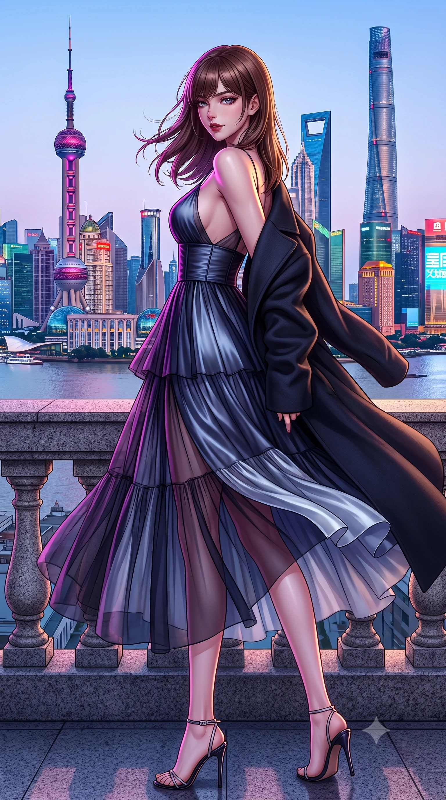 score_9, masterpiece, best quality, ultra-detailed, high-budget anime keyframe, semi-realistic 3D game render, editorial fashion photography, tasteful artistic composition, Korean woman. low angle full-body shot from head to toe showing her feet, filling the entire 9:16 vertical frame with her statuesque presence, stretching her vertical silhouette. executing a slow, elegant turn as her liquid gown flutters around her slender legs, glancing over her shoulder with an intoxicating, seductive bedroom-gaze while standing poised at the granite balustrade of a high Bund rooftop, arching her back with sovereign poise against the colossal neon Pudong skyline across the river. The surrounding environment is rendered in vivid detail and crisp panoramic clarity. detailed fabric sheen, hair strands catching the breeze, and Shanghai riverfront architectural precision in high resolution. She has an exceptionally tall and slender model-like 8.5-heads proportion, an ultra-slim waist, a flat toned midriff, narrow delicate ribcage, and beautifully sculpted feminine hips creating a graceful, slim hourglass silhouette without any bulky heaviness, with impossibly long slender legs. sharp v-shaped jawline, high-bridge nose, intricate jewel-like dark sparkling eyes with dangerous depth, thick curled eyelashes, glossy parted lips with a rich wine sheen, smoldering seductive half-smile with bedroom-eyes, exuding effortless superiority and intoxicating dark allure, flawlessly proportioned anatomical accuracy, strict slender model proportions, natural body alignment, perfectly sculpted long slender limbs, ultra-slim waistline, clean dynamic posture without body distortion. wearing a tiered semi-sheer black tulle and silk slip dress with an ultra-slim corseted waist and bare shoulders in midnight indigo and icy platinum, crafted from heavy fluid silk satin with a liquid mirror-like drape, complemented by an oversized dark cashmere coat draped casually over one shoulder, the high-waisted tailoring accentuating her ultra-slim waistline and the enchanting curve of her feminine hips with alluring dark charm. illuminated by crisp electric magenta and warm gold rim lights sharply carving her razor-sharp jawline, narrow waist, and curvy hips. highly saturated vibrant anime colors, detailed shading with soft gradients, rich glossy textures, high-contrast stereoscopic depth, volumetric dynamic lighting, master piece, 9:16 ratio