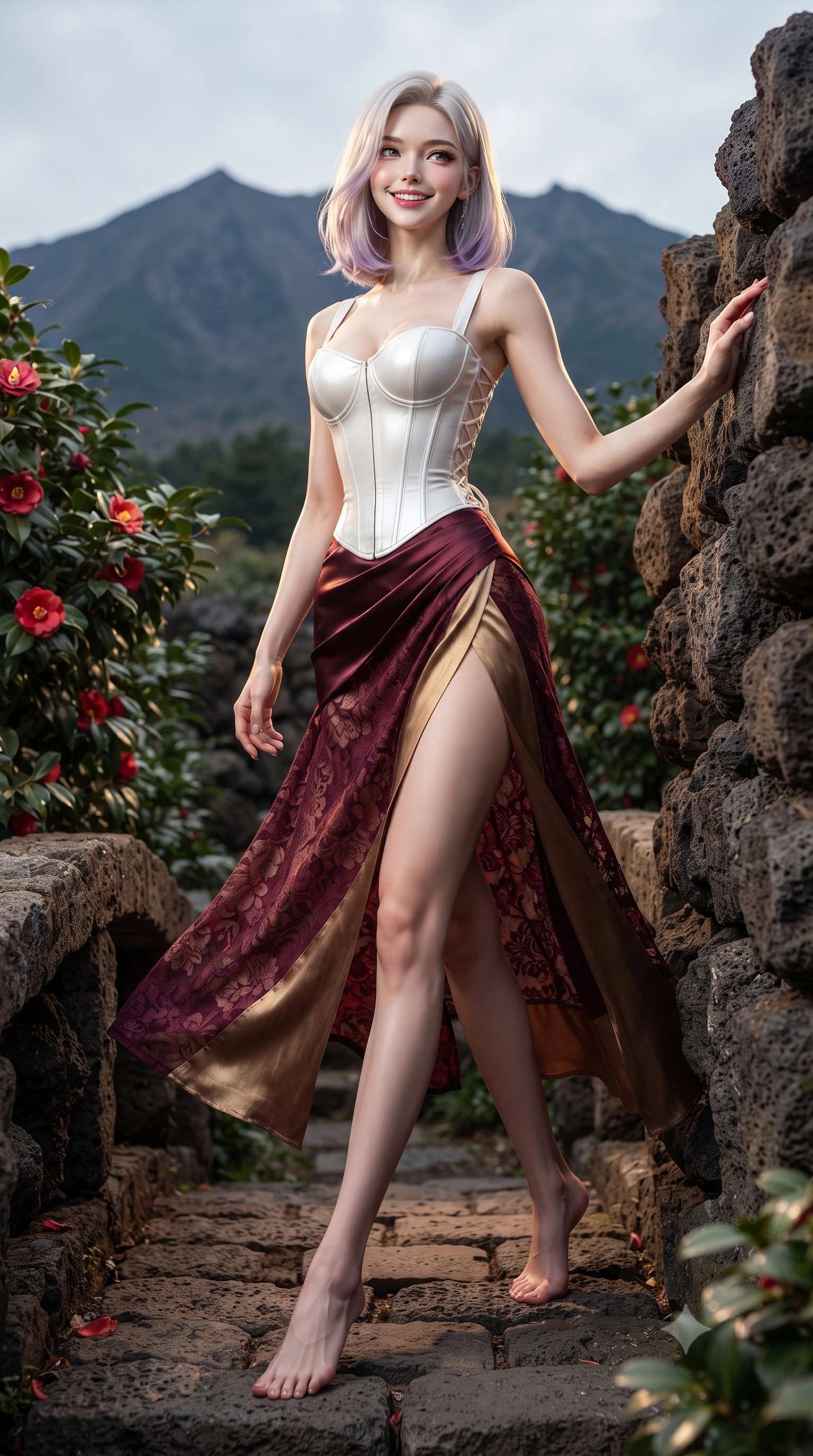 score_9, masterpiece, best quality, ultra-detailed, high-budget anime keyframe, editorial fashion photography, tasteful artistic composition, Caucasian woman. low angle full-body shot from head to toe showing her feet, filling the entire 9:16 vertical frame with her statuesque presence, stretching her vertical silhouette. stepping forward gracefully across the stone bridge in mid-motion with a radiant beaming smile, hips swaying in an alluring kinetic rhythm that accentuates her curvy hourglass silhouette and long slender legs while leaning against a rustic basalt rock wall with hips cocked back, casting an alluring bedroom-gaze toward the distant Hallasan mountain peak. The surrounding environment is rendered in vivid detail and crisp panoramic clarity: sharp porous volcanic basalt textures, glossy camellia leaf surfaces, and red petal venation in deep focus. She has an absolutely perfect, statuesque 8.5-heads proportion, an exceptionally tall and slender model-like female figure with impossibly long slender legs, an ultra-slim waist, a flat toned midriff, narrow delicate ribcage, and beautifully sculpted feminine hips creating a graceful, slim hourglass silhouette without any bulky heaviness. sharp v-shaped jawline, high-bridge nose, intricate jewel-like dark sparkling almond eyes with depth, thick lashes, glossy parted lips with a natural rose-plum sheen, bright alluring and coquettish smile with bedroom-eyes, exuding both timeless oriental elegance and sovereign high-fashion allure, flawlessly proportioned anatomical accuracy, strict slender model proportions, natural body alignment, perfectly sculpted long slender limbs, ultra-slim waistline, clean dynamic posture without body distortion. wearing a tailored white porcelain-inspired structured corset top paired with an asymmetric flowing silk maxi skirt with a high slit in deep wine burgundy and brushed antique gold, woven from delicate semi-opaque floral lace with oriental peony patterns, finished with criss-cross back satin laces tracing her slender spine, the form-fitting tailored bodice adhering flawlessly to her sculpted flat midriff and slender torso, emphasizing her long leg lines and perfectly proportioned willowy build. illuminated by black stone bounce and sharp amber rim lights defining her sculpted collarbones, ultra-slim waist, and curvy hips. ultra-reflective glossy finish, specular highlights, rich textural contrasts, high-contrast stereoscopic depth, volumetric dynamic lighting, 2k, ultra detail, master piece, 9:16 ratio