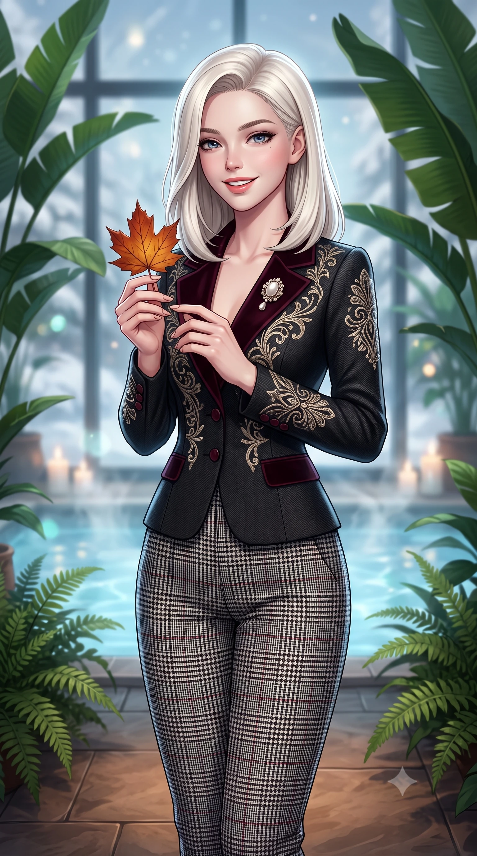 score_9, masterpiece, best quality, ultra-detailed, high-budget anime keyframe, semi-realistic 3D game render, editorial fashion photography, tasteful artistic composition, Caucasian woman. close-up cowboy shot from the waist and thighs up, the character dominates the composition, filling the frame with her large presence. holding a single autumn leaf delicately between manicured fingers, admiring it with a cheerful, parted-lip smile while standing poised on the warm slate floor of the indoor winter garden pavilion surrounded by lush tropical palms, smiling with serene relaxation. The background shows a soft-focus steaming outdoor snow pools seen through glass, lush indoor banana palms and ferns, and soft candlelight blurred into jade, azure, and vaporous white bokeh. She has an exceptionally elegant, slender, and willowy female figure with an ultra-slim waist, flat toned midriff, narrow ribcage, and sculpted feminine hips creating an alluring, slim hourglass silhouette without bulk. sharp v-shaped jawline, high-bridge nose, intricate jewel-like sparkling eyes with depth, thick eyelashes, glossy parted lips with a natural peach sheen, bright cheerful beaming smile with an enchanting and coquettish sensual glint, exuding both youthful cute charm and seductive allure, flawlessly proportioned anatomical accuracy, strict slender model proportions, natural body alignment, perfectly sculpted long slender limbs, ultra-slim waistline, clean dynamic posture without body distortion. wearing a retro Art Deco embroidered wool blazer with velvet lapels paired with high-waisted pressed trousers in classic glen plaid monochrome with subtle wine red accent, tailored from fine wool gabardine with crisp permanent pleats and sharp drape, complemented by an antique baroque pearl brooch pinned tastefully on the lapel, the bespoke architectural tailoring hugging her natural waistline with sartorial precision, creating a clean graceful hourglass silhouette with tall model elegance. illuminated by thermal pool surface caustics and soft pearlescent rim lights accentuating her sharp jawline and slender hourglass silhouette. highly saturated vibrant anime colors, detailed shading with soft gradients, rich glossy textures, high-contrast stereoscopic depth, volumetric dynamic lighting, master piece, 9:16 ratio