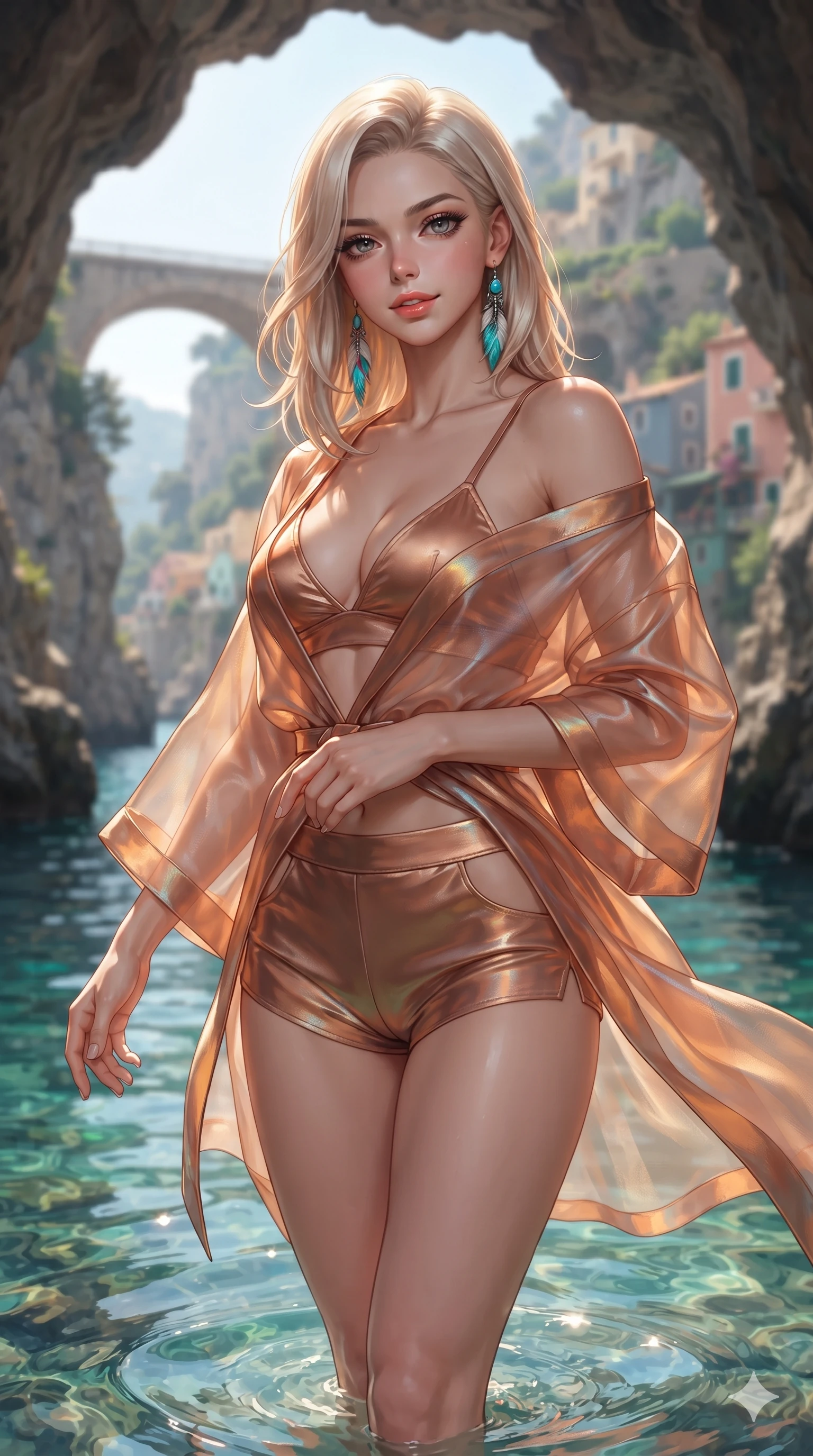 score_9, masterpiece, best quality, ultra-detailed, high-budget anime keyframe, editorial fashion photography, tasteful artistic composition, Caucasian woman. close-up cowboy shot from the waist and thighs up, the character dominates the composition, filling the frame with her large presence. tilting her head with a teasing half-smile, running one hand slowly down the side of her hip in a flirtatious S-curve as ambient light caresses her silhouette while walking slowly out of the sea cavern shadows into the crystal water with hypnotic grace, hips swaying in an alluring sensual rhythm. The background shows a soft-focus soaring limestone gorge walls, ancient stone bridge arch spanning the chasm, and pastel fishing cottages blurred into slate, terracotta, and emerald bokeh. She has an exceptionally elegant, slender, and willowy female figure with an ultra-slim waist, flat toned midriff, narrow ribcage, and sculpted feminine hips creating an alluring, slim hourglass silhouette without bulk. sharp v-shaped jawline, high-bridge nose, sparkling eyes with hypnotic seductive depth, thick curled eyelashes, glossy parted lips with a natural dewy peach sheen, alluring bedroom-eyes with an enchanting coquettish smile, exuding magnetic siren charisma and sophisticated glamour, flawlessly proportioned anatomical accuracy, strict slender model proportions, natural body alignment, perfectly sculpted long slender limbs, ultra-slim waistline, clean dynamic posture without body distortion. wearing a translucent iridescent organza beach kimono slipping off bare shoulders over a matching satin micro-bralette and micro-shorts in molten metallic copper and radiant beach sand, tailored from crisp high-density nautical cotton poplin with pristine structural hold, accented with turquoise and silver bohemian feather earrings swaying near her bare neck, the precision-cut side openings and low-back scoop framing her graceful spine and the sensual sweep of her slim, toned hips. illuminated by emerald water surface bounce and sharp golden-amber rim lights sculpting her razor-sharp jawline, narrow waist, and curvy hips. ultra-reflective glossy finish, specular highlights, rich textural contrasts, high-contrast stereoscopic depth, volumetric dynamic lighting, 2k, ultra detail, master piece, 9:16 ratio