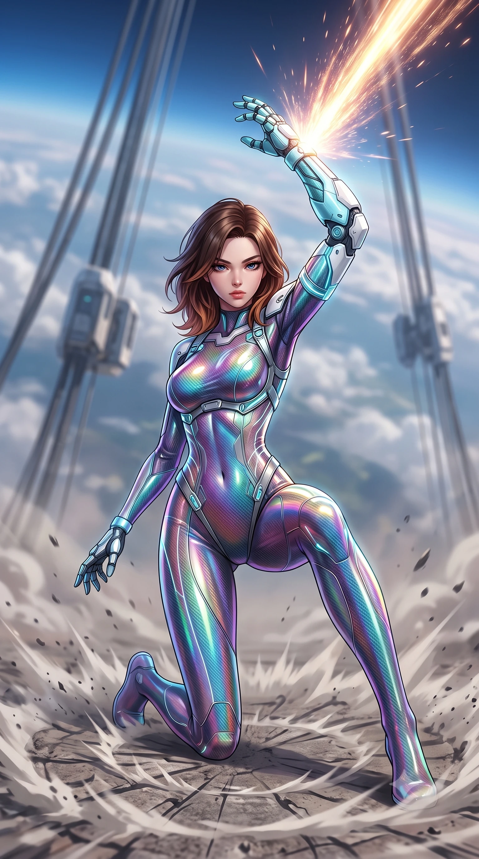 score_9, masterpiece, best quality, ultra-detailed, high-budget anime keyframe, semi-realistic 3D game render, editorial fashion photography, tasteful artistic composition, Korean woman. low angle full-body shot from head to toe showing her feet, filling the entire 9:16 vertical frame with her statuesque presence, stretching her vertical silhouette. landing gracefully from a high-altitude leap on one knee and palm, her statuesque silhouette framed by radial shockwave ripples in the ground while pivoting dynamically as her cybernetic arm deflects a high-velocity particle beam into the upper atmosphere. The composition keeps background elements in soft focus with creamy bokeh. massive space elevator cable arrays and transit pods softened in smooth atmospheric depth. She has an absolutely perfect, statuesque 8.5-heads proportion, an exceptionally tall and slender model-like female figure with impossibly long slender legs, a toned flat midriff, and an ultra-slim waist. sharp v-shaped jawline, high-bridge nose, intricate jewel-like eyes with depth, thick eyelashes, glossy lips with a natural sheen, flawlessly proportioned anatomical accuracy, strict slender model proportions, natural body alignment, perfectly sculpted long slender limbs, ultra-slim waistline, clean dynamic posture without body distortion. wearing a high-gloss iridescent rainbow carbon-weave bodysuit with translucent cybernetic panels and Damascus-steel forearm bracers in glacial ice-cyan carbon mesh with pure white armor plates, crafted from semi-translucent cybernetic carbon-vinyl interwoven with glowing micro-filaments, reinforced by a sleek titanium kinetic harness and glowing micro-energy straps, the glove-like aerodynamic second-skin fit tightly clinging to her ultra-slender waist and athletic curves without adding bulk, accentuating her razor-sharp statuesque lines and slim hourglass silhouette. illuminated by crisp specular highlights tracing her sculpted collarbones, waistline, and long slender legs. rich saturated anime colors with glowing neon highlights, detailed shading with soft gradients, rich glossy textures, high-contrast stereoscopic depth, volumetric dynamic lighting, master piece, 9:16 ratio