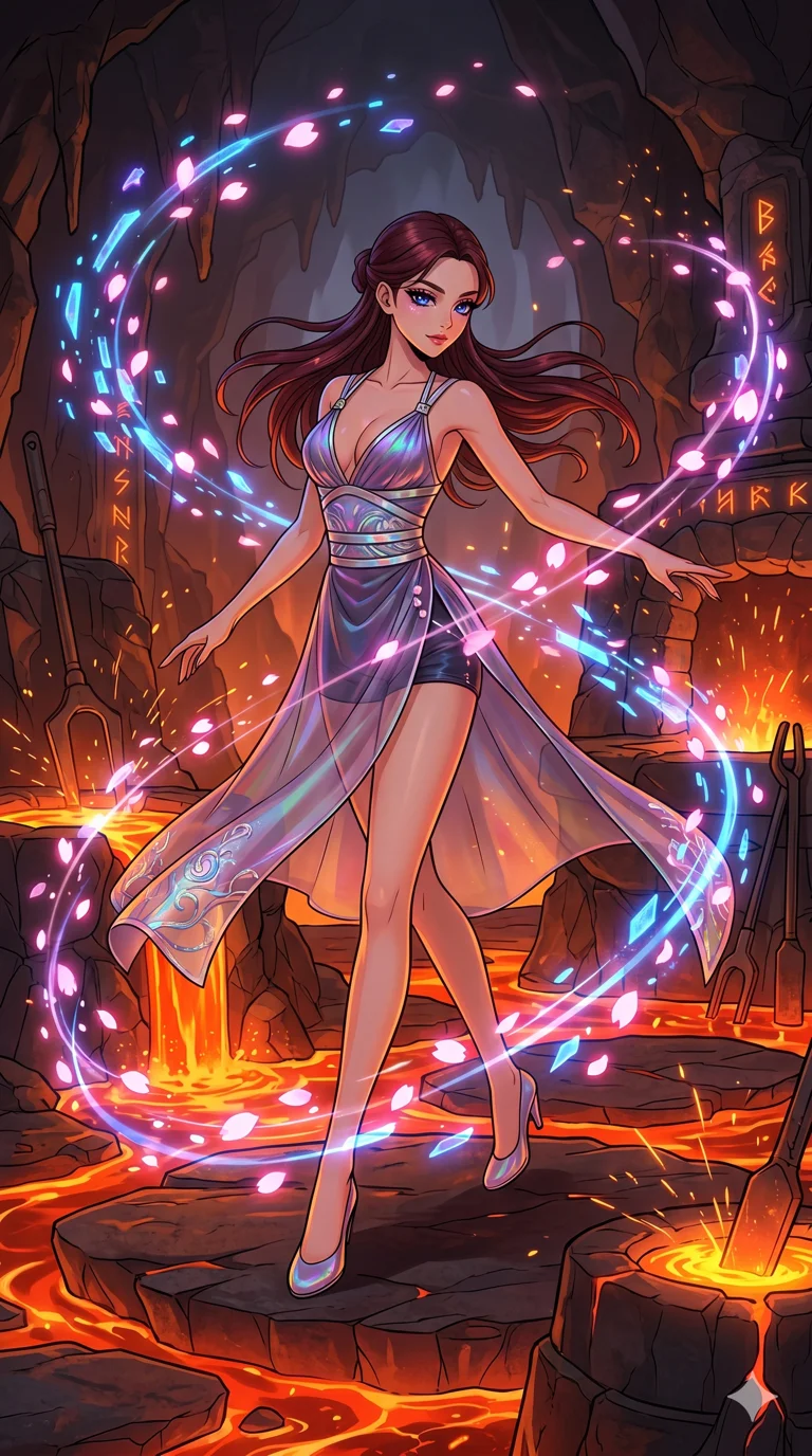 score_9, masterpiece, best quality, ultra-detailed, high-budget anime movie keyframe, cinematic anime lighting, intricate line art, Caucasian (strictly human ears) anime girl. Upper body filling screen focusing on her alluring features and slim-fit silhouette. dancing with data-shards in a volcanic lava forge with digital sakura petals. She has an absolutely perfect 8-heads proportion, an exceptionally tall and slender female figure with an ultra-slim waist and impossibly long slender legs. sharp v-shaped jawline, high-bridge nose, intricate jewel-like eyes, thick eyelashes, glossy lips. Wearing modernized deep-plunging silk hanbok-fusion with metallic straps, a high-slit sheer skirt over micro-shorts, and holographic embroidered patterns. The scene is illuminated by dramatic atmospheric lighting and vibrant color palettes. 2k, ultra detail, master piece, 9:16 ratio