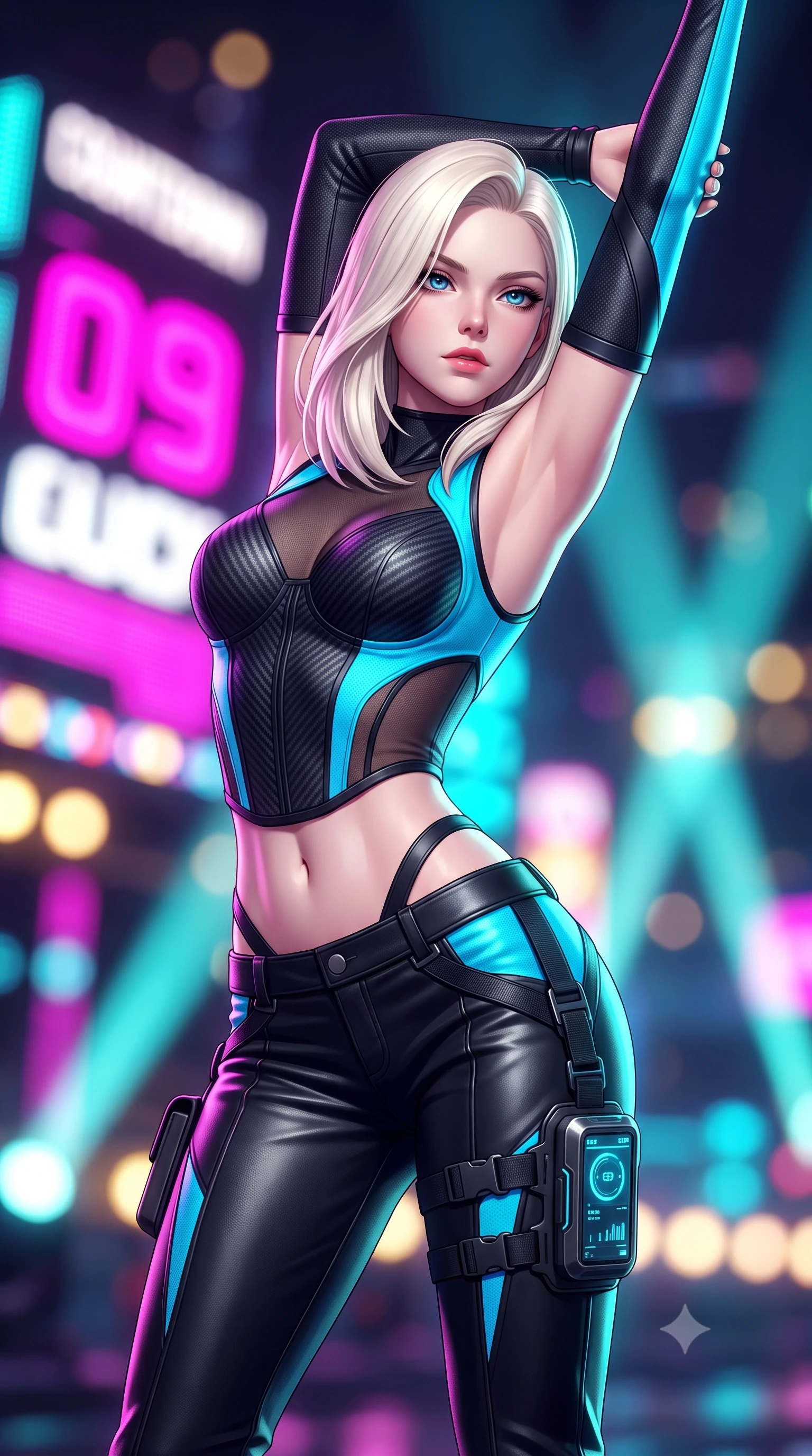 score_9, masterpiece, best quality, ultra-detailed, high-budget anime keyframe, semi-realistic 3D game render, editorial fashion photography, tasteful artistic composition, Caucasian woman. close-up cowboy shot from the waist and thighs up, the character dominates the composition, filling the frame with her large presence. arching her back languidly with arms stretching overhead, highlighting her narrow waist and feminine silhouette in pure supermodel elegance while twisting her athletic torso in an alluring S-curve while resting both hands on her hips, looking past the camera with fearless allure. The composition keeps background elements in soft focus with creamy bokeh. giant LED jumbotron race countdown graphics and sweeping searchlights blurred into electric magenta, turquoise, and gold bokeh. She has an exceptionally elegant, slender, and willowy female figure with an ultra-slim waist, a gracefully sculpted slender torso, toned flat midriff, and a refined slim silhouette. sharp v-shaped jawline, high-bridge nose, intricate jewel-like eyes with depth, thick eyelashes, glossy parted lips with a natural sheen, intensely captivating and seductive expression, flawlessly proportioned anatomical accuracy, strict slender model proportions, natural body alignment, perfectly sculpted long slender limbs, ultra-slim waistline, clean dynamic posture without body distortion. wearing a deconstructed carbon-fiber corset top paired with low-slung leather utility trousers in carbon matte black and neon electric cyan, made of stretchy athletic knit with sheer mesh cutout inserts, equipped with a sleek thigh-mounted telemetry display and tactical harness, the athletic second-skin cut highlighting her toned flat midriff and slender model proportions during dynamic action. surrounded by an adrenaline-fueled, audacious, and wildly charismatic drift idol aura. highly saturated vibrant anime colors, detailed shading with soft gradients, rich glossy textures, high-contrast stereoscopic depth, volumetric dynamic lighting, master piece, 9:16 ratio