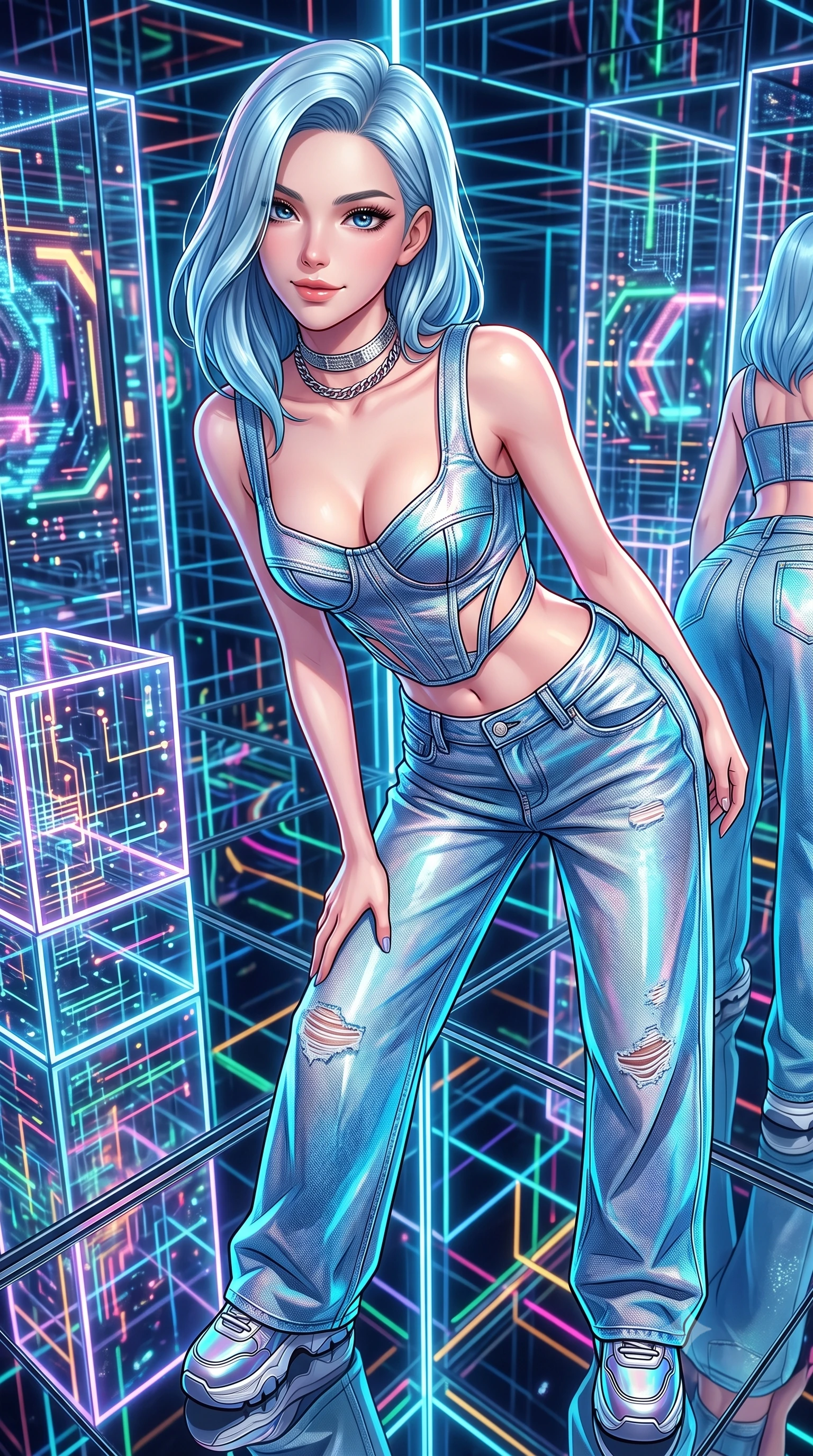 score_9, masterpiece, best quality, ultra-detailed, high-budget anime keyframe, semi-realistic 3D game render, editorial fashion photography, tasteful artistic composition, Korean woman. close-up cowboy shot from the waist and thighs up, the character dominates the composition, filling the frame with her large presence. leaning forward with playful, captivating grace, her sculpted collarbones and slender neckline highlighted by directional light while pivoting gracefully on a mirrored floor as infinite reflections of light and color surround her slender frame. The surrounding environment is rendered in vivid detail and crisp panoramic clarity. crisp acrylic cube edges, internal LED filament circuits, and mirror-floor seams in deep focus. She has an exceptionally elegant, slender, and willowy female figure with an ultra-slim waist, a gracefully sculpted slender torso, toned flat midriff, and a refined slim silhouette. sharp v-shaped jawline, high-bridge nose, intricate jewel-like eyes with depth, thick eyelashes, glossy lips with a natural sheen, captivating and magnetic expression, flawlessly proportioned anatomical accuracy, strict slender model proportions, natural body alignment, perfectly sculpted long slender limbs, ultra-slim waistline, clean dynamic posture without body distortion. wearing a deconstructed denim corset crop top paired with high-waisted wide-leg utility jeans in holographic silver and electric cyan, tailored from distressed structured cotton denim with metallic thread, accessorized with bold platform sneakers and silver chain choker, the precision-cut daring openings accentuating her delicate midriff, graceful bare collarbones, and ultra-slim feminine waistline. surrounded by a cutting-edge, avant-garde, and mesmerizingly stylish future-fashion muse aura. highly saturated vibrant anime colors, detailed shading with soft gradients, rich glossy textures, high-contrast stereoscopic depth, volumetric dynamic lighting, master piece, 9:16 ratio