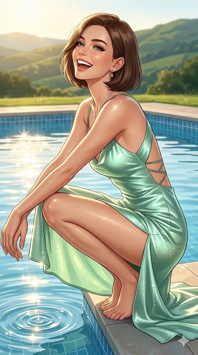 score_9, masterpiece, best quality, ultra-detailed, high-budget anime keyframe, editorial fashion photography, tasteful artistic composition, Caucasian woman, strictly human ears. cowboy shot from the thighs up, character and outfit filling the frame for maximum editorial presence. crouching slightly by the pool, looking up with a bright, cheerful laugh and happy eyes standing by an outdoor pool of a country villa surrounded by green hills. She has an absolutely perfect 8-heads proportion, an exceptionally tall and slender female figure with impossibly long slender legs and an ultra-slim waist. V-shaped jawline, high-bridge nose, intricate jewel-like eyes with depth, thick eyelashes, glossy lips with a natural sheen. wearing a mint green silk slip dress with an open-back design and a high side slit to mid-thigh. bathed in warm morning sunlight reflecting off the pool water, creating sparkles on her skin. 2k, ultra detail, master piece, 9:16 ratio