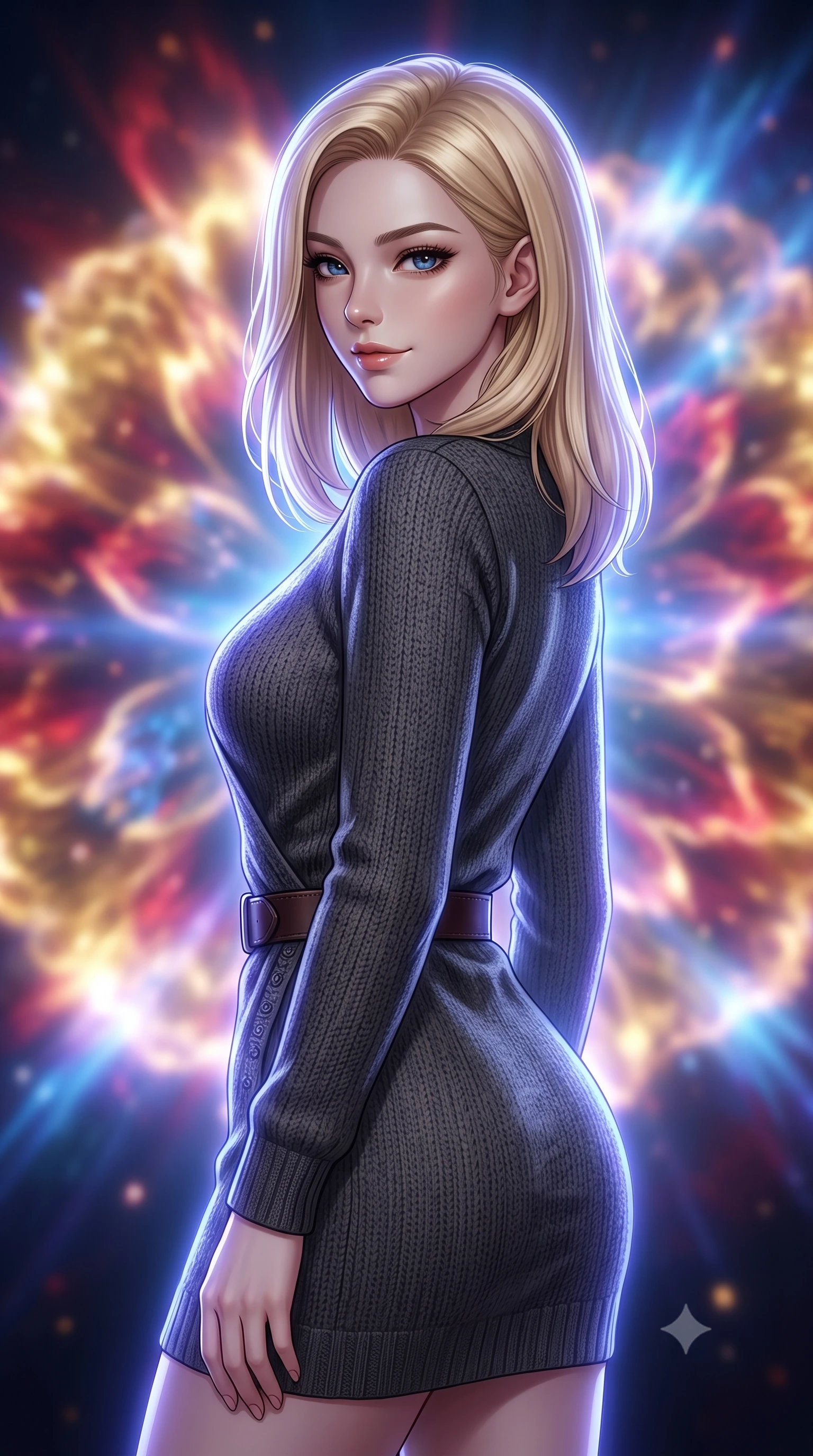 score_9, masterpiece, best quality, ultra-detailed, high-budget anime keyframe, editorial fashion photography, tasteful artistic composition, Korean woman. close-up cowboy shot from the waist and thighs up, the character dominates the composition, filling the frame with her large presence, background elements kept in soft focus. Glancing sidelong over her shoulder with a smoldering half-smile. set against a soft-focus background of witnessing the controlled explosion of a dying star whose energy releases in breathtaking slow-motion petals of pure light each layer peeling away in expanding shells of gold crimson and electric blue. She has an exceptionally elegant and slender, willowy female figure with an ultra-slim waist, a gracefully sculpted slender torso, and a refined slim physique. sharp v-shaped jawline, high-bridge nose, intricate jewel-like eyes with depth, thick eyelashes, glossy lips with a natural sheen. wearing a charcoal grey wrap-style knit dress in wool, cinched with a dark brown leather belt. cool ethereal blue-violet bioluminescent glow wrapping around her from all sides. 2k, ultra detail, master piece, 9:16 ratio