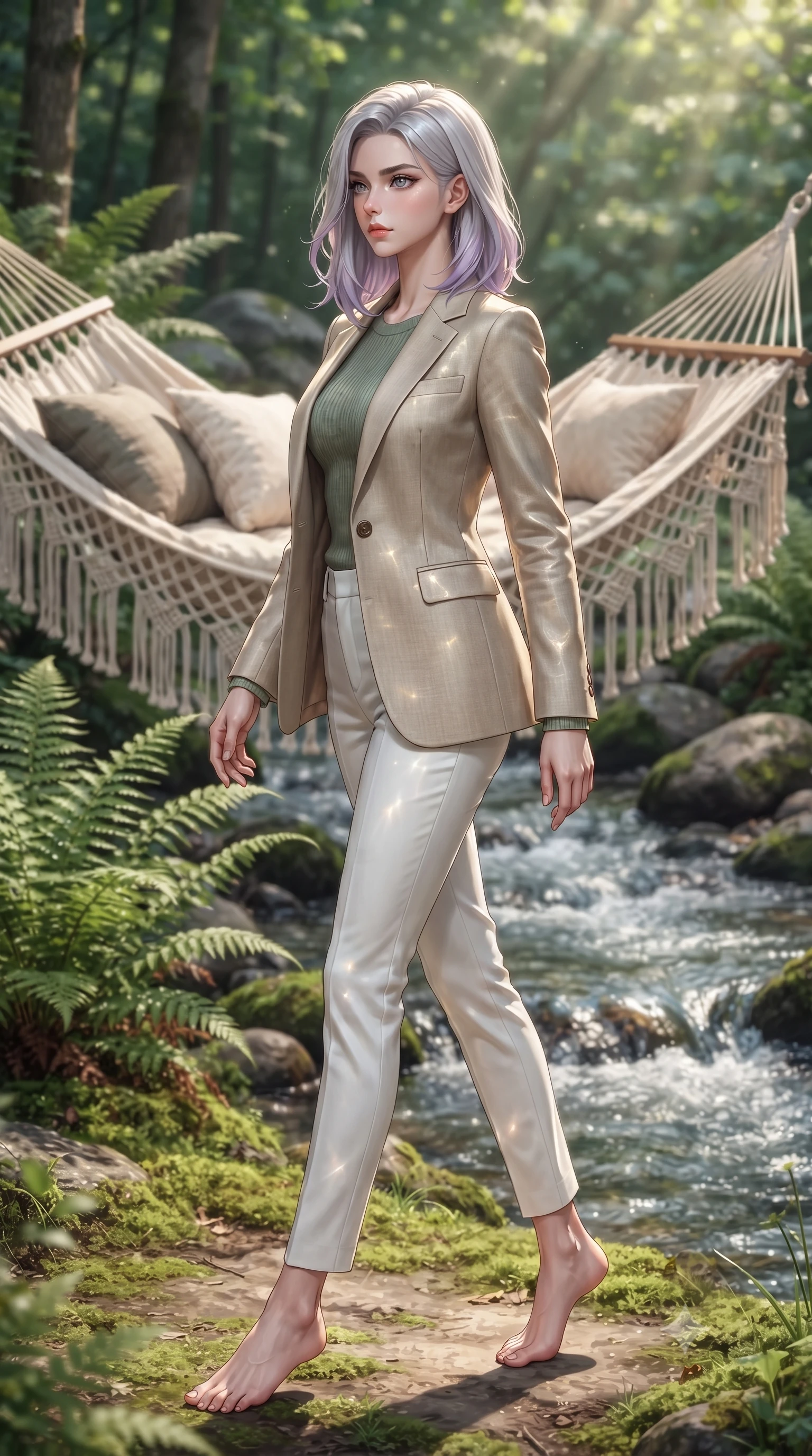 score_9, masterpiece, best quality, ultra-detailed, high-budget anime keyframe, editorial fashion photography, tasteful artistic composition, Caucasian woman. low angle full-body shot from head to toe showing her feet, filling the entire 9:16 vertical frame with her statuesque presence, stretching her vertical silhouette. stepping gracefully while looking back over her shoulder, her dress draped tightly to reveal her silhouette the background shows a soft-focus a cozy hammock lounge surrounded by tall ferns and a bubbling forest stream. She has an absolutely perfect, statuesque 8.5-heads proportion, an exceptionally tall and slender model-like female figure with impossibly long slender legs and an ultra-slim waist. sharp v-shaped jawline, high-bridge nose, intricate jewel-like eyes with depth, thick eyelashes, glossy lips with a natural sheen. wearing a body-hugging tailored beige linen blazer over a sage green knit top and white trousers. dappled sunbeams reflecting off the moving water surface onto her form. ultra-reflective glossy finish, specular highlights, metallic sheen, high-contrast stereoscopic depth, volumetric dynamic lighting, 2k, ultra detail, master piece, 9:16 ratio
