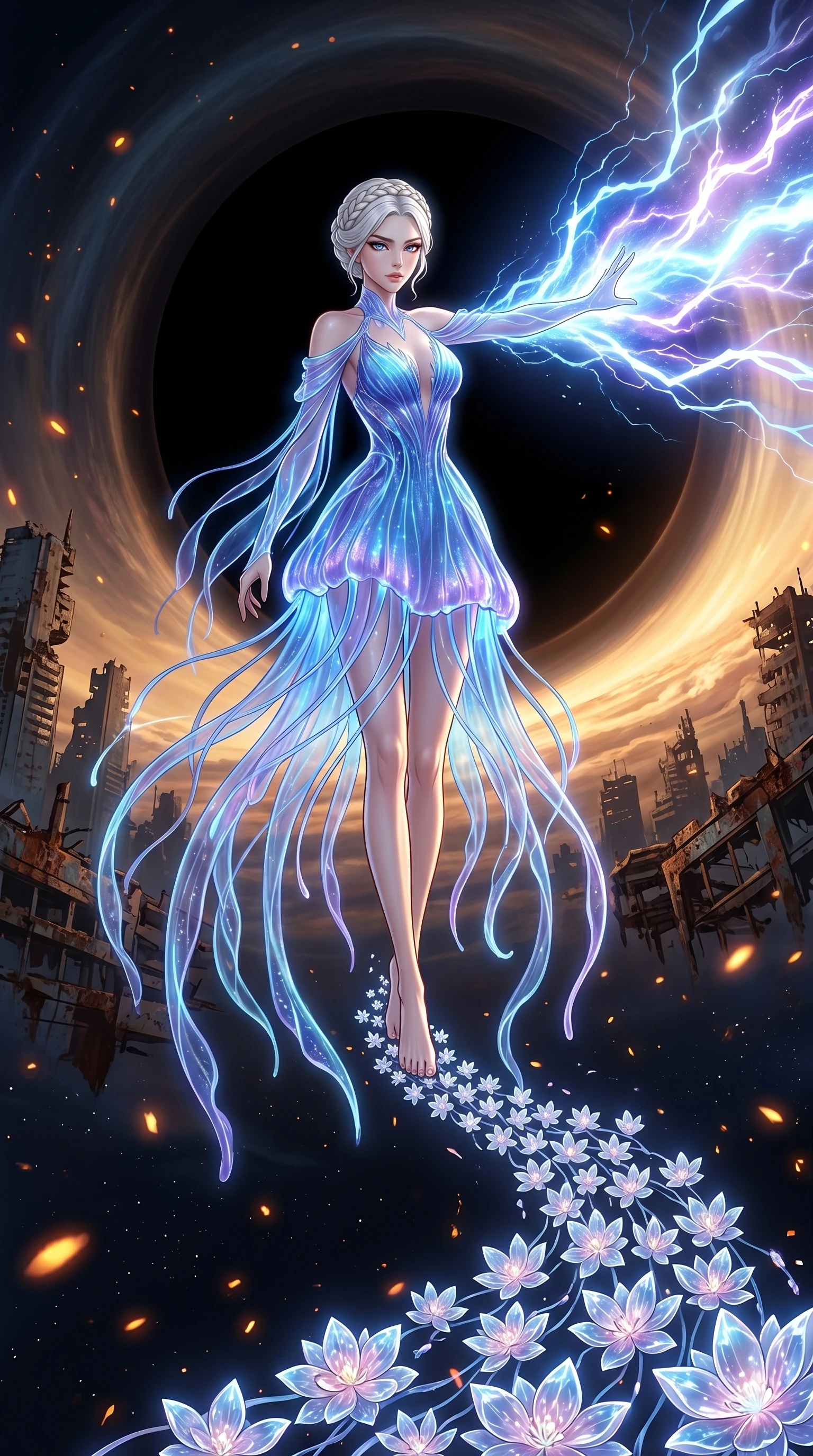 score_9, masterpiece, best quality, ultra-detailed, Set A: High-budget Anime Keyframe, Korean woman. Low angle cowboy shot filling the entire 9:16 frame with her statuesque presence. Theme: Urban Decay. unleashing a massive energy wave in the edge of a black hole, while she leaves a trail of 176 blooming crystal flowers. The atmosphere is filled with golden hour with floating embers. She has an absolutely perfect 8-heads proportion, an exceptionally tall and slender female figure with impossibly long slender legs and an ultra-slim waist. Sharp v-shaped jawline, high-bridge nose, intricate jewel-like eyes with depth, glossy lips. Wearing Bioluminescent jellyfish-inspired dress with long flowing transparent tentacles. Cinematic lighting, vivid colors, dramatic shadows, 2k, ultra detail, master piece, 9:16 ratio