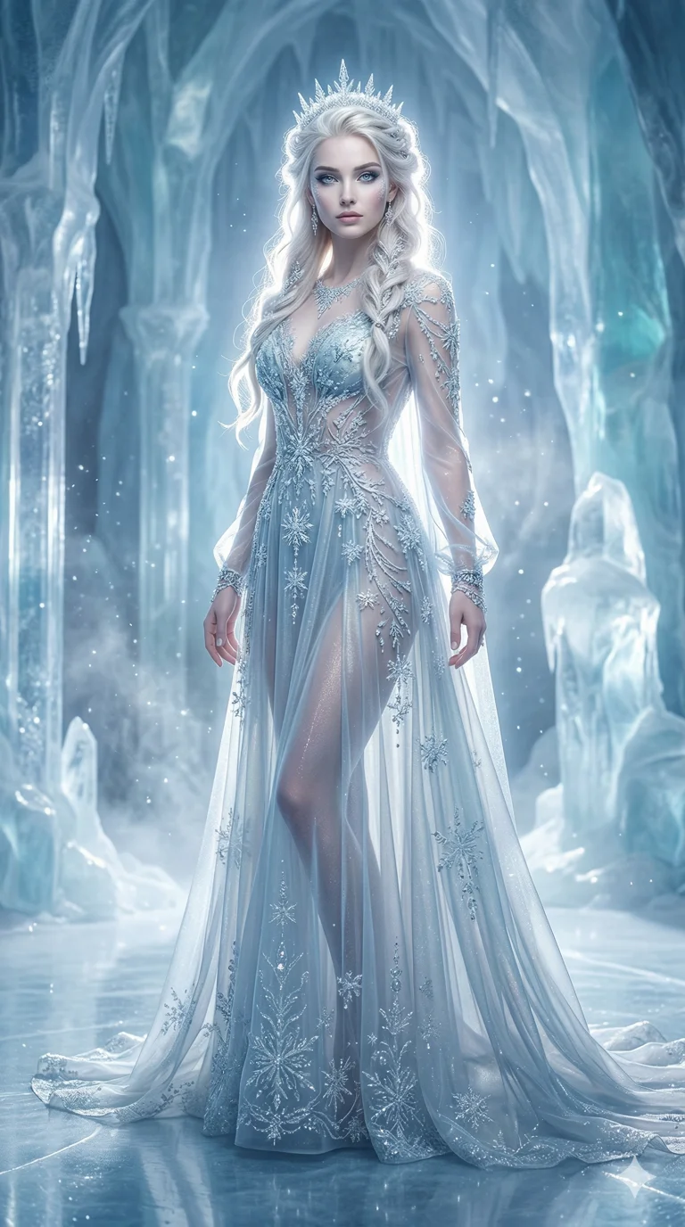 score_9, masterpiece, best quality, ultra-detailed, photorealistic 8k CG render, an incredibly beautiful ethereal Caucasian woman with flawless pale skin (strictly human ears). Dynamic full-body shot stretching vertically. She is a frost queen in a crystal ice palace. She has an absolutely perfect 8-heads proportion, a towering female figure with long slender legs and a delicate skinny body. Her face is a masterpiece with platinum blonde hair and diamond-like eyes. She is wearing a sheer fabric gown with ice crystals, highlighting her alluring silhouette. Shimmering frost and blue light, dramatic rim lighting, radiant glowing skin, 2k, ultra detail, master piece, 9:16 ratio