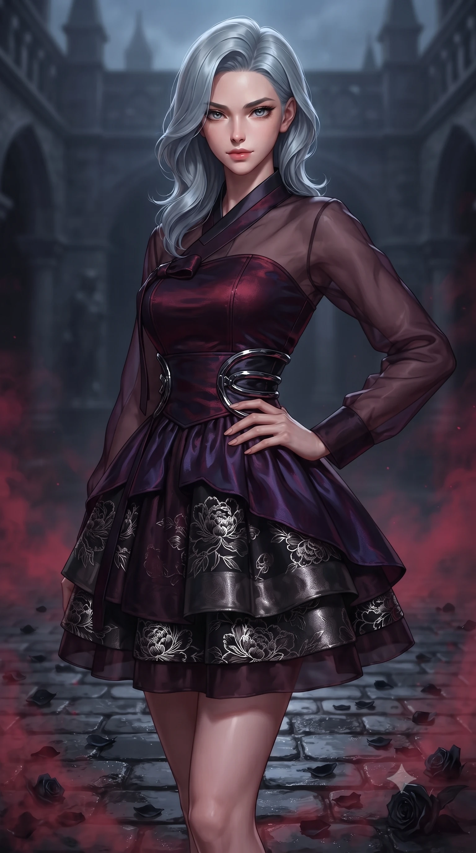 score_9, masterpiece, best quality, ultra-detailed, high-budget anime keyframe, editorial fashion photography, tasteful artistic composition, Korean woman. close-up cowboy shot from the waist and thighs up, the character dominates the composition, filling the frame with her large presence, background elements kept in soft focus. Holding a confident power pose with one hand on her hip, poised on a dark cobblestone courtyard covered in scattered black rose petals, eerie dark crimson mist drifting across the dark cobblestones. She has an exceptionally elegant, slender, and willowy female figure with an ultra-slim waist, a gracefully sculpted slender torso, and a refined silhouette. sharp v-shaped jawline, high-bridge nose, intricate jewel-like eyes with depth, thick eyelashes, glossy lips with a natural sheen. wearing modern fusion dark hanbok dress with structured obsidian bodice in deep crimson burgundy, made of iridescent dark violet taffeta, accented with sculpted obsidian chrome rings at the waist, contouring every curve with an exceptionally elegant silhouette. surrounded by dramatic gothic chiaroscuro with sharp edge highlights. highly saturated vibrant anime colors, detailed shading with soft gradients, rich glossy textures, high-contrast stereoscopic depth, volumetric dynamic lighting, master piece, 9:16 ratio