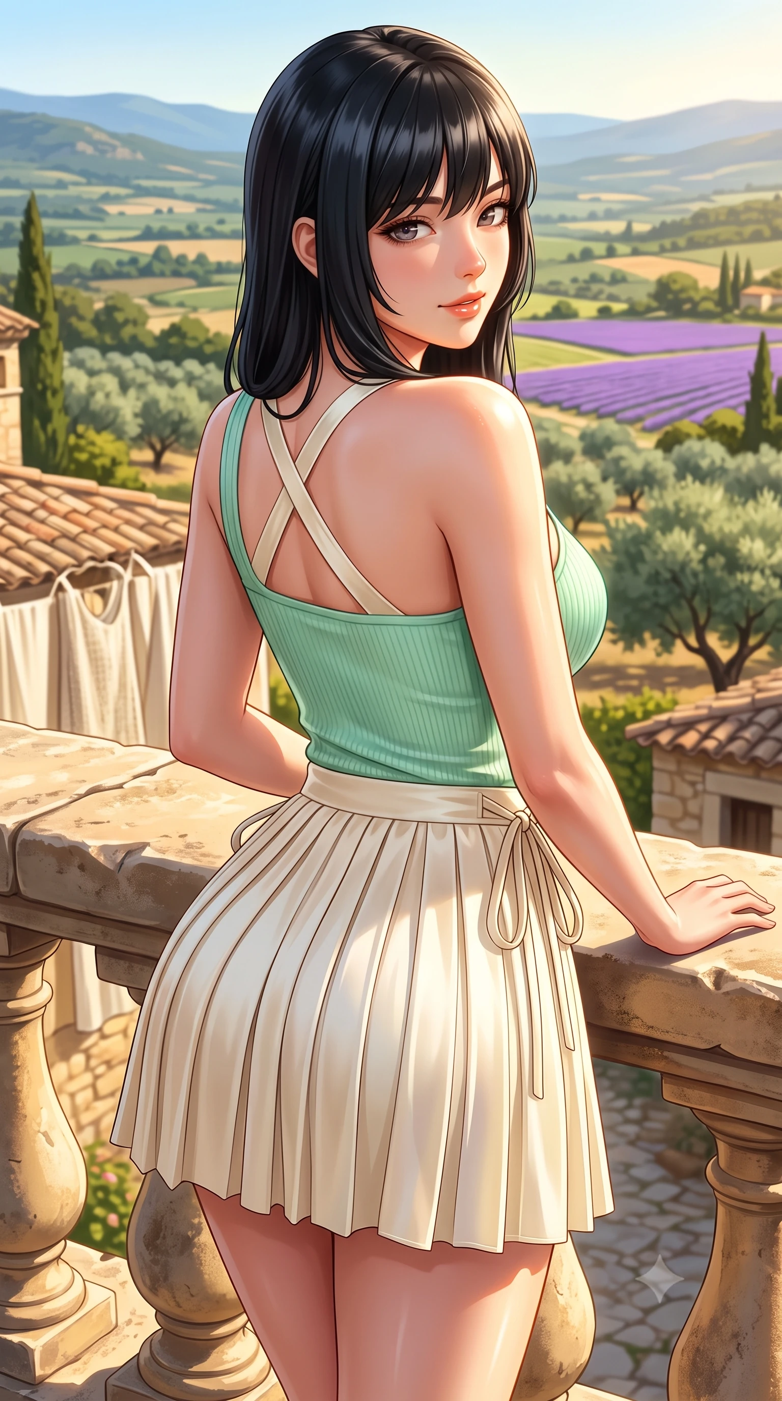 score_9, masterpiece, best quality, ultra-detailed, high-budget anime keyframe, semi-realistic 3D game render, editorial fashion photography, tasteful artistic composition, Caucasian woman. close-up cowboy shot from the waist and thighs up, the character dominates the composition, filling the frame with her large presence. posing in an alluring rear three-quarter angle, turning over a bare shoulder with an intoxicating cute smile, her hips cocked back to highlight her slim hourglass curve while leaning against a sun-warmed stone balustrade with hips cocked back, looking over her shoulder with an intoxicating, sun-dazed bedroom-gaze. The surrounding environment is rendered in vivid detail and crisp panoramic clarity. detailed linen sundress weave, warm sun specular highlights on skin, and Provence valley clarity in high resolution. She has an exceptionally elegant, slender, and willowy female figure with an ultra-slim waist, flat toned midriff, narrow ribcage, and sculpted feminine hips creating an alluring, slim hourglass silhouette without bulk. sharp v-shaped jawline, high-bridge nose, intricate jewel-like sparkling eyes with depth, thick eyelashes, glossy parted lips with a natural peach sheen, bright cheerful beaming smile with an enchanting and coquettish sensual glint, exuding both youthful cute charm and seductive allure, flawlessly proportioned anatomical accuracy, strict slender model proportions, natural body alignment, perfectly sculpted long slender limbs, ultra-slim waistline, clean dynamic posture without body distortion. wearing an asymmetrical one-shoulder ribbed top paired with a micro-pleated skirt with side hip ties in refreshing mint green and soft vanilla cream, made of smooth fluid silk satin with a delicate pearlescent sheen, finished with criss-cross back satin straps highlighting her graceful shoulder blades, the high-waisted tailoring accentuating her ultra-slim waistline and the enchanting curve of her feminine hips with alluring charm. bathed in brilliant golden hour southern French sunlight streaming across the purple hillside. highly saturated vibrant anime colors, detailed shading with soft gradients, rich glossy textures, high-contrast stereoscopic depth, volumetric dynamic lighting, master piece, 9:16 ratio