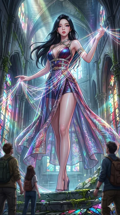 score_9, masterpiece, best quality, ultra-detailed, high-budget anime movie keyframe, cinematic anime lighting, intricate line art, Japanese woman. Low angle cowboy shot filling the entire 9:16 frame with her statuesque presence. weaving threads of l