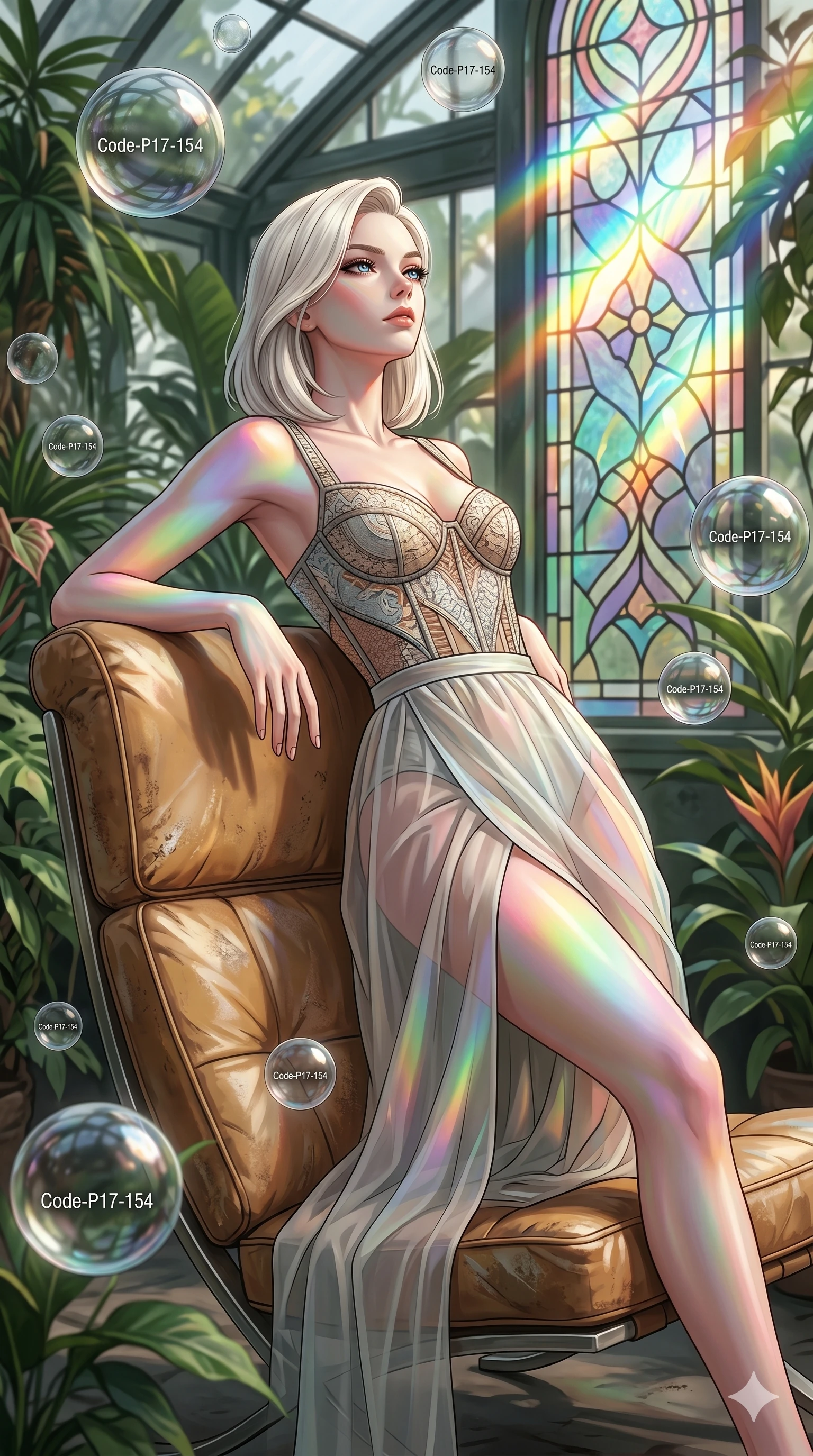 score_9, masterpiece, best quality, ultra-detailed, high-budget anime keyframe, editorial fashion photography, tasteful artistic composition, Caucasian woman, strictly human ears. cowboy shot from the thighs up, character and outfit filling the frame for maximum editorial presence. leaning back on a leather lounge chair, tilting her chin up with composed expression inside a greenhouse with levitating spheres (Code-P17-154). She has an absolutely perfect 8-heads proportion, an exceptionally tall and slender female figure with impossibly long slender legs and an ultra-slim waist. V-shaped jawline, high-bridge nose, intricate jewel-like eyes with depth, thick eyelashes, glossy lips with a natural sheen. wearing a fine patterned embroidery structured bodice top combined with a translucent wrap skirt. prismatic rainbow light refracting through the stained-glass window, coloring her skin. 2k, ultra detail, master piece, 9:16 ratio
