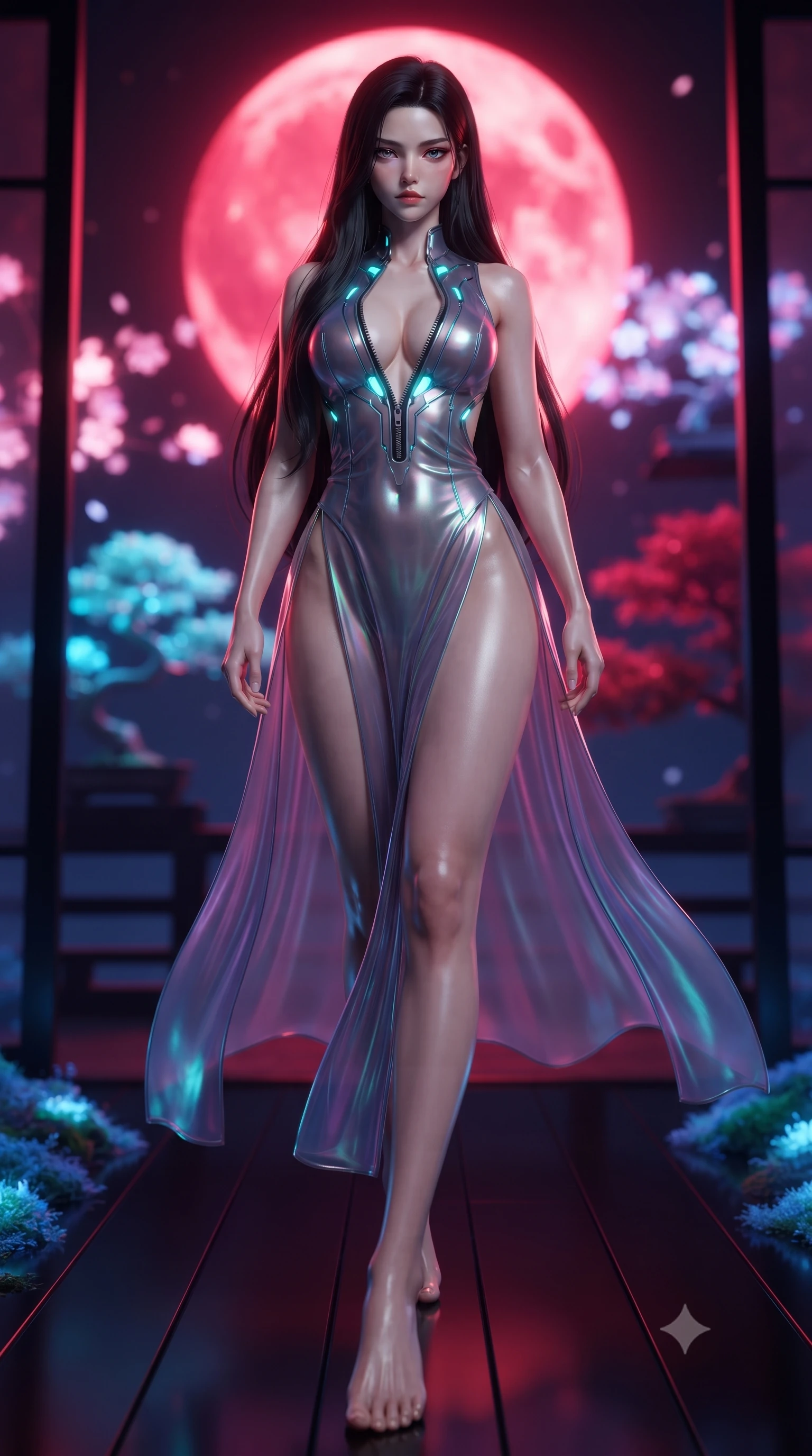 score_9, masterpiece, best quality, ultra-detailed, high-budget anime keyframe, editorial fashion photography, tasteful artistic composition, Korean woman. low angle full-body shot from head to toe showing her feet, filling the entire 9:16 vertical frame with her statuesque presence, stretching her vertical silhouette. striding forward in a proud, statuesque motion with a dangerous smolder, her vertical silhouette dominating the frame from head to toe while lounging along a polished black lacquer veranda as holographic cherry blossoms and blue moss glow softly. The composition keeps background elements in soft focus with creamy bokeh. colossal glowing blood moon and floating neon bonsai trees blurred into deep crimson and indigo bokeh. She has an absolutely perfect, statuesque 8.5-heads proportion, an exceptionally tall and slender model-like female figure with impossibly long slender legs and an ultra-slim waist. sharp v-shaped jawline, high-bridge nose, intricate jewel-like eyes with depth, thick eyelashes, glossy lips with a natural sheen, flawlessly proportioned anatomical accuracy, natural body alignment, perfectly sculpted elegant limbs, clean dynamic posture without body distortion. wearing a translucent iridescent chiffon gown with a plunging neckline, high dual thigh slits, and an open back in translucent smoky quartz and iridescent holographic sheen, made of liquid metal jersey that clings flawlessly to every contour of her build, featuring a dangerously unzipped neckline framed by glowing cybernetic accents, the glove-like fit tightly following every curve of her statuesque athletic build. bathed in dramatic crimson blood-moon backlighting and glowing cyan moss ambient fill. ultra-reflective glossy finish, specular highlights, metallic sheen, high-contrast stereoscopic depth, volumetric dynamic lighting, 2k, ultra detail, master piece, 9:16 ratio
