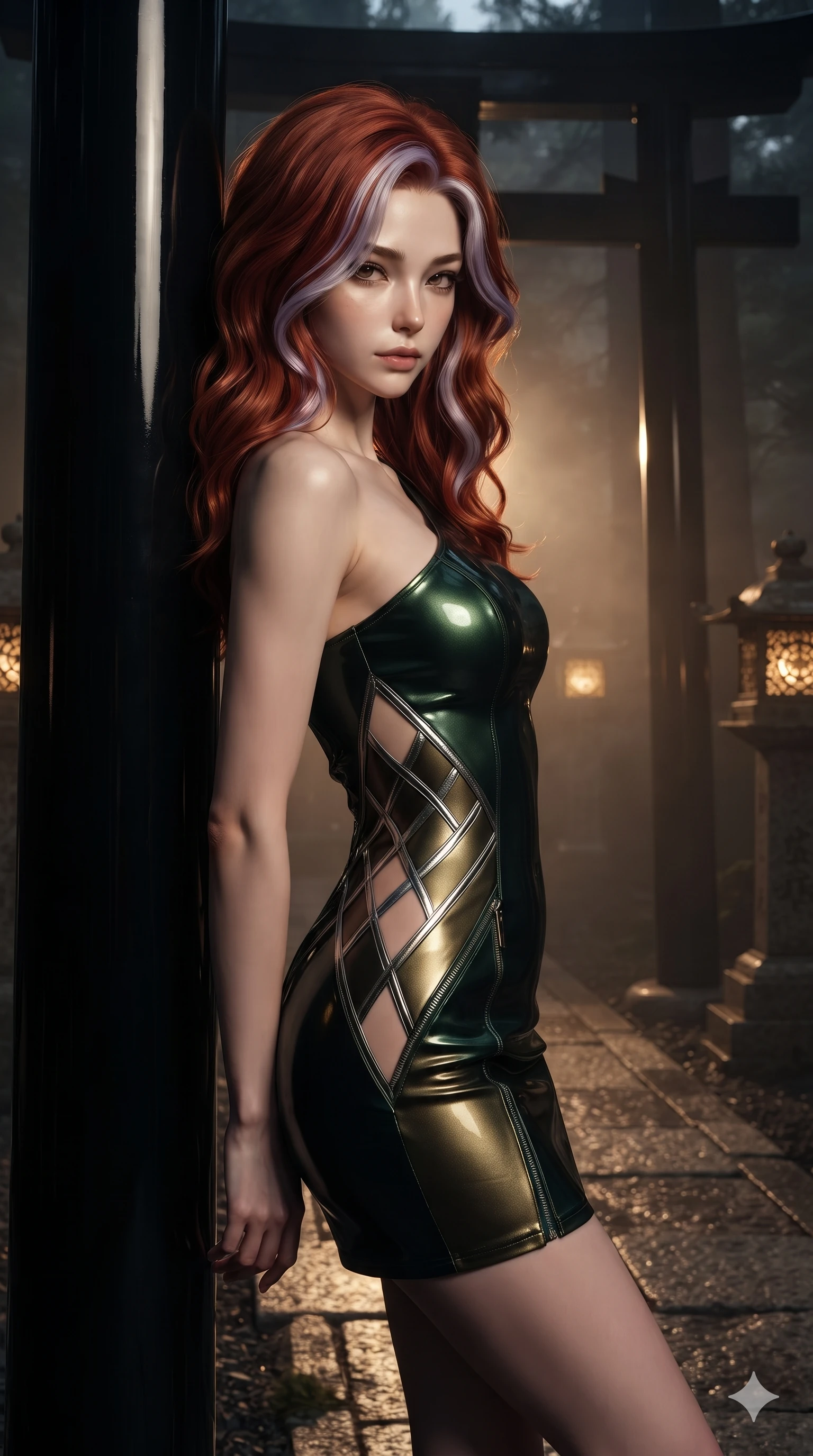 score_9, masterpiece, best quality, ultra-detailed, high-budget anime keyframe, editorial fashion photography, tasteful artistic composition, Caucasian woman. close-up cowboy shot from the waist and thighs up, the character dominates the composition, filling the frame with her large presence. smiling with quiet, magnetic self-assurance directly into the camera with heavy-lidded sparkling eyes while leaning against the polished black lacquer Torii column with hips cocked back, glancing back with an intoxicating, smoldering half-smile. The surrounding environment is rendered in vivid detail and crisp panoramic clarity: sharp black lacquer gloss reflections, weathered granite pathway flags, and brass lantern filigree in deep focus. She has an exceptionally elegant, slender, and willowy female figure with an ultra-slim waist, flat toned midriff, narrow ribcage, and sculpted feminine hips creating an alluring, slim hourglass silhouette without bulk. sharp v-shaped jawline, high-bridge nose, intricate jewel-like dark sparkling eyes with hypnotic seductive depth, thick curled eyelashes, glossy parted lips with a natural wine sheen, alluring bedroom-eyes with an enigmatic smoldering smile, exuding magnetic sovereign charisma and dark avant-garde glamour, flawlessly proportioned anatomical accuracy, strict slender model proportions, natural body alignment, perfectly sculpted long slender limbs, ultra-slim waistline, clean dynamic posture without body distortion. wearing an asymmetric one-shoulder metallic patent leather mini dress with a dramatic side slit hugging her hips in deep velvet forest green and antique brass, adorned with laser-cut diamond side panels revealing teasing glimpses of bare skin, finished with metallic silver boning and sleek zipper points, the bespoke structured tailoring following the natural line of her 8.5-heads silhouette with refined elegance. bathed in warm dramatic lantern rays cutting through thick midnight mist contrasted with pitch-black forest shadows. ultra-reflective glossy finish, specular highlights, metallic sheen, high-contrast stereoscopic depth, volumetric dynamic lighting, 2k, ultra detail, master piece, 9:16 ratio