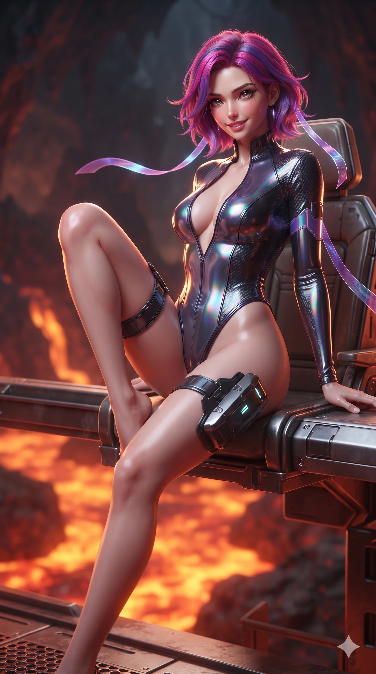 score_9, masterpiece, best quality, ultra-detailed, high-budget anime keyframe, editorial fashion photography, tasteful artistic composition, Caucasian woman. close-up cowboy shot from the waist and thighs up, the character dominates the composition, filling the frame with her large presence. perched sideways on the pilot seat, one knee drawn up to showcase her slender leg line while her arched back accentuates her feminine hip curve while sitting poised on the observation gantry ledge with legs crossed, flashing an enchanting, confident smile as thermal winds flutter her ribbons. The background shows a soft-focus dense volcanic cavern atmosphere softened in subterranean lava gantry shallow focus. She has an exceptionally elegant, slender, and willowy female figure with an ultra-slim waist, flat toned midriff, narrow ribcage, and sculpted feminine hips creating an alluring, slim hourglass silhouette without bulk. sharp v-shaped jawline, high-bridge nose, intricate jewel-like sparkling eyes with depth, thick eyelashes, glossy parted lips with a natural sheen, bright confident smile with an enchanting and coquettish sensual glint, exuding both youthful magnetic charm and sovereign high-tech allure, flawlessly proportioned anatomical accuracy, strict slender model proportions, natural body alignment, perfectly sculpted long slender limbs, ultra-slim waistline, clean dynamic posture without body distortion. wearing a glossy vinyl and carbon-fiber hybrid bodysuit with a plunging neckline and high-cut leg openings in iridescent dark chrome and holographic violet, formed from supple thermal silicone composite adhering seamlessly like a second skin, complemented by sleek cybernetic thigh holsters with illuminated power cells, the high-slit tactical tailoring accentuating her ultra-slim waistline and the enchanting curve of her feminine hips with alluring seductive charm. illuminated by magma surface bounce and sharp crimson-gold rim lights defining her razor-sharp jawline, narrow waist, and curvy hips. ultra-reflective glossy finish, specular highlights, rich textural contrasts, high-contrast stereoscopic depth, volumetric dynamic lighting, 2k, ultra detail, master piece, 9:16 ratio