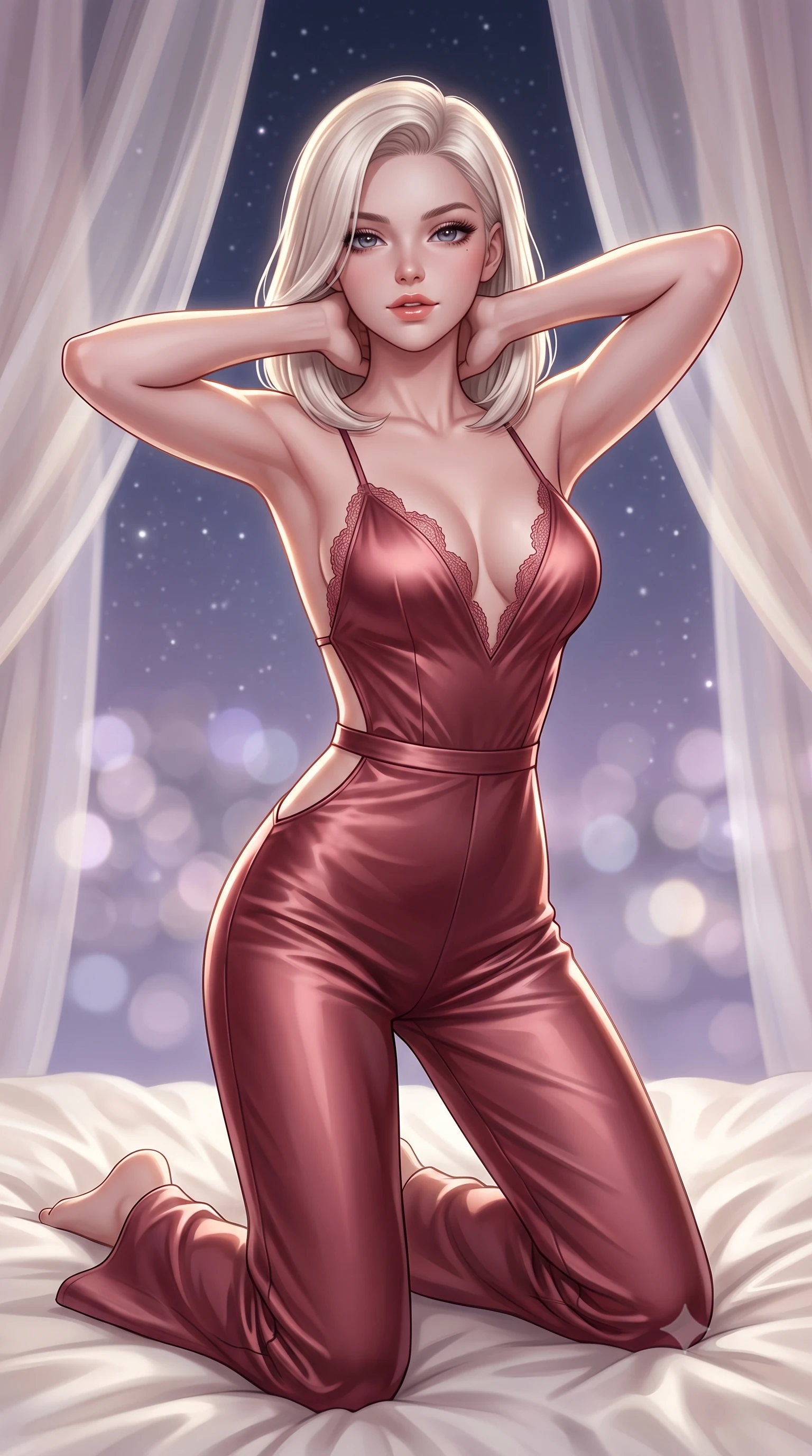 score_9, masterpiece, best quality, ultra-detailed, high-budget anime keyframe, semi-realistic 3D game render, editorial fashion photography, tasteful artistic composition, Caucasian woman. close-up cowboy shot from the waist and thighs up, the character dominates the composition, filling the frame with her large presence. resting both hands lightly behind her neck with elbows raised, arching her spine to highlight her narrow waist, flat midriff, and breathtaking collarbones while kneeling gracefully on the plush ivory silk duvet beneath cascading sheer drapes, arching her lower back with breathless bedroom-allure. The background shows a soft-focus floating sheer ivory silk canopy drapes and the endless starry midnight sky outside blurred into soft lavender, pearl, and silver bokeh. She has an exceptionally elegant, slender, and willowy female figure with an ultra-slim waist, flat toned midriff, narrow ribcage, and sculpted feminine hips creating an alluring, slim hourglass silhouette without bulk. sharp v-shaped jawline, high-bridge nose, sparkling eyes with hypnotic seductive depth, thick curled eyelashes, glossy parted lips with a natural dewy peach sheen, alluring bedroom-eyes with an enchanting coquettish smile, exuding magnetic siren charisma and sophisticated high-fashion glamour, flawlessly proportioned anatomical accuracy, strict slender model proportions, natural body alignment, perfectly sculpted long slender limbs, ultra-slim waistline, clean dynamic posture without body distortion. wearing a backless plunge-front silk satin jumpsuit with fluid wide-leg silhouette and side hip cutouts in smoldering crimson wine and deep rose-gold, crafted from fluid liquid silk satin that clings smoothly to every curve with a dewy sheen, finished with scalloped eyelash lace trim framing her sweetheart neckline with intimate elegance, the form-contouring silhouette accentuating her sculpted flat midriff, narrow delicate ribcage, and gracefully curvy hips with intoxicating allure. illuminated by moonlight fill and sharp platinum-gold rim lights sculpting her delicate clavicles, narrow waist, and curvaceous hips. highly saturated vibrant anime colors, detailed shading with soft gradients, rich glossy textures, high-contrast stereoscopic depth, volumetric dynamic lighting, master piece, 9:16 ratio