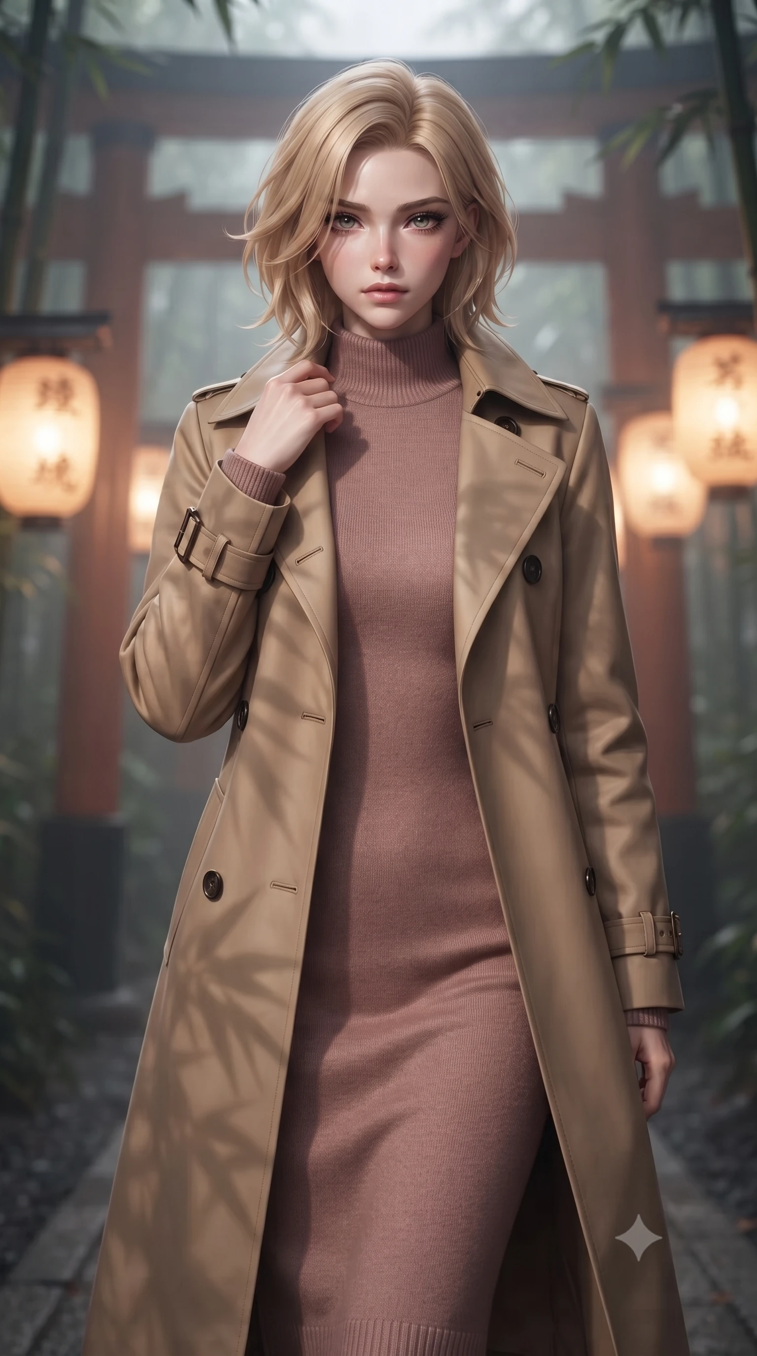 score_9, masterpiece, best quality, ultra-detailed, high-budget anime keyframe, editorial fashion photography, tasteful artistic composition, Caucasian woman woman. close-up cowboy shot from the waist and thighs up, the character dominates the composition, filling the frame with her large presence, background elements kept in soft focus. She has an exceptionally elegant, slender, and willowy female figure with an ultra-slim waist, a gracefully sculpted slender torso, and a refined silhouette. casting a slow, direct gaze beneath heavy lashes with magnetic intensity, flawlessly proportioned anatomical accuracy, natural body alignment, perfectly sculpted elegant limbs, clean dynamic posture without body distortion. set against a soft-focus background of a misty bamboo torii shrine path with glowing paper lanterns. wearing a classic tailored trench coat over a high-neck dusty rose knit midi dress. bathed in warm amber lantern light casting soft organic bamboo leaf stencil shadows. ultra-reflective glossy finish, specular highlights, metallic sheen, high-contrast stereoscopic depth, volumetric dynamic lighting, 2k, ultra detail, master piece, 9:16 ratio