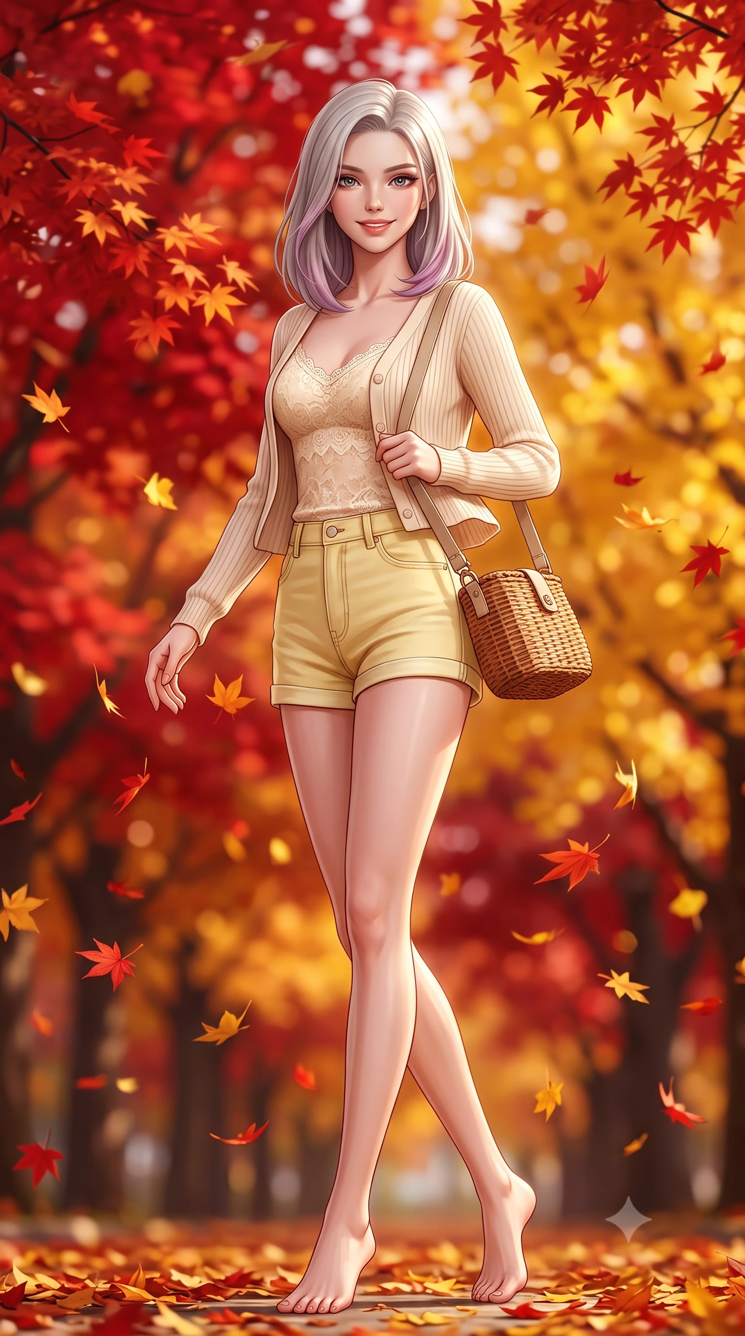 score_9, masterpiece, best quality, ultra-detailed, high-budget anime keyframe, semi-realistic 3D game render, editorial fashion photography, tasteful artistic composition, Caucasian woman. low angle full-body shot from head to toe showing her feet, filling the entire 9:16 vertical frame with her statuesque presence, stretching her vertical silhouette. performing a cheerful mid-motion turn with effortless poise, her skirt fluttering softly as she smiles into the camera while turning gracefully as falling scarlet and amber leaves swirl playfully around her tall, slender silhouette. The composition keeps background elements in soft focus with creamy bokeh. blazing scarlet maple canopies and golden ginkgo trees blurred into rich ruby, amber, and burnt orange bokeh. She has an absolutely perfect, statuesque 8.5-heads proportion, an exceptionally tall and slender model-like female figure with impossibly long slender legs, a toned flat midriff, and an ultra-slim waist. sharp v-shaped jawline, high-bridge nose, intricate jewel-like eyes with depth, thick eyelashes, glossy lips with a natural sheen, pure and lovely fresh girlhood expression, flawlessly proportioned anatomical accuracy, strict slender model proportions, natural body alignment, perfectly sculpted long slender limbs, ultra-slim waistline, clean dynamic posture without body distortion. wearing a soft pastel ribbed knit cardigan worn over a delicate cream lace camisole and light-wash denim shorts in fresh buttercup yellow and clean cream white, made of comfortable premium stretch denim and airy cotton-jersey, accessorized with a rustic woven wicker bag and canvas strap, the breezy lightweight fabric fluttering softly against her delicate collarbones, narrow waist, and feminine curves. surrounded by a warm, romantic, and deeply nostalgic autumn sweetheart aura. highly saturated vibrant anime colors, detailed shading with soft gradients, rich glossy textures, high-contrast stereoscopic depth, volumetric dynamic lighting, master piece, 9:16 ratio
