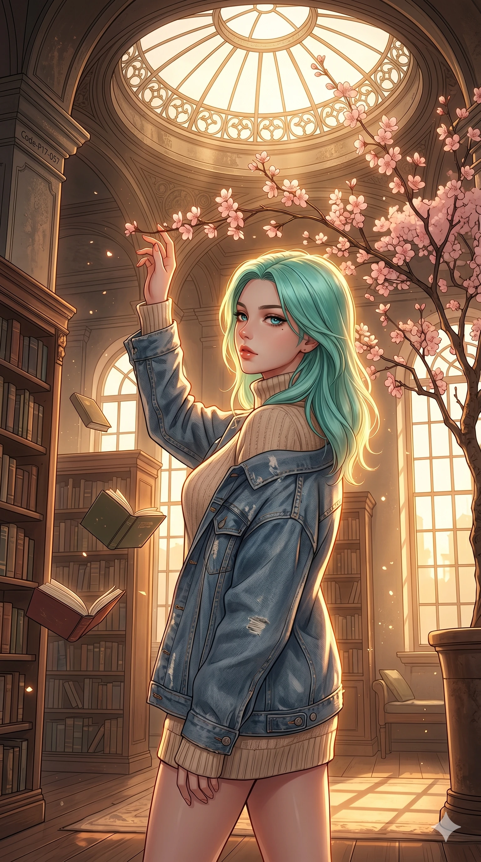 score_9, masterpiece, best quality, ultra-detailed, high-budget anime keyframe, editorial fashion photography, tasteful artistic composition, Japanese woman. cowboy shot from the thighs up, character and outfit filling the frame for maximum editorial presence. reaching up to touch a cherry blossom, looking over her shoulder with a magnetic, sultry gaze in a grand library with floating books and a large round skylight (Code-P17-057). She has an absolutely perfect 8-heads proportion, an exceptionally tall and slender female figure with impossibly long slender legs and an ultra-slim waist. V-shaped jawline, high-bridge nose, intricate jewel-like eyes with depth, thick eyelashes, glossy lips with a natural sheen. wearing a high-neck cozy knit sweater under a denim jacket. warm sunset light pouring through the windows, casting a warm glowing aura on her. 2k, ultra detail, master piece, 9:16 ratio