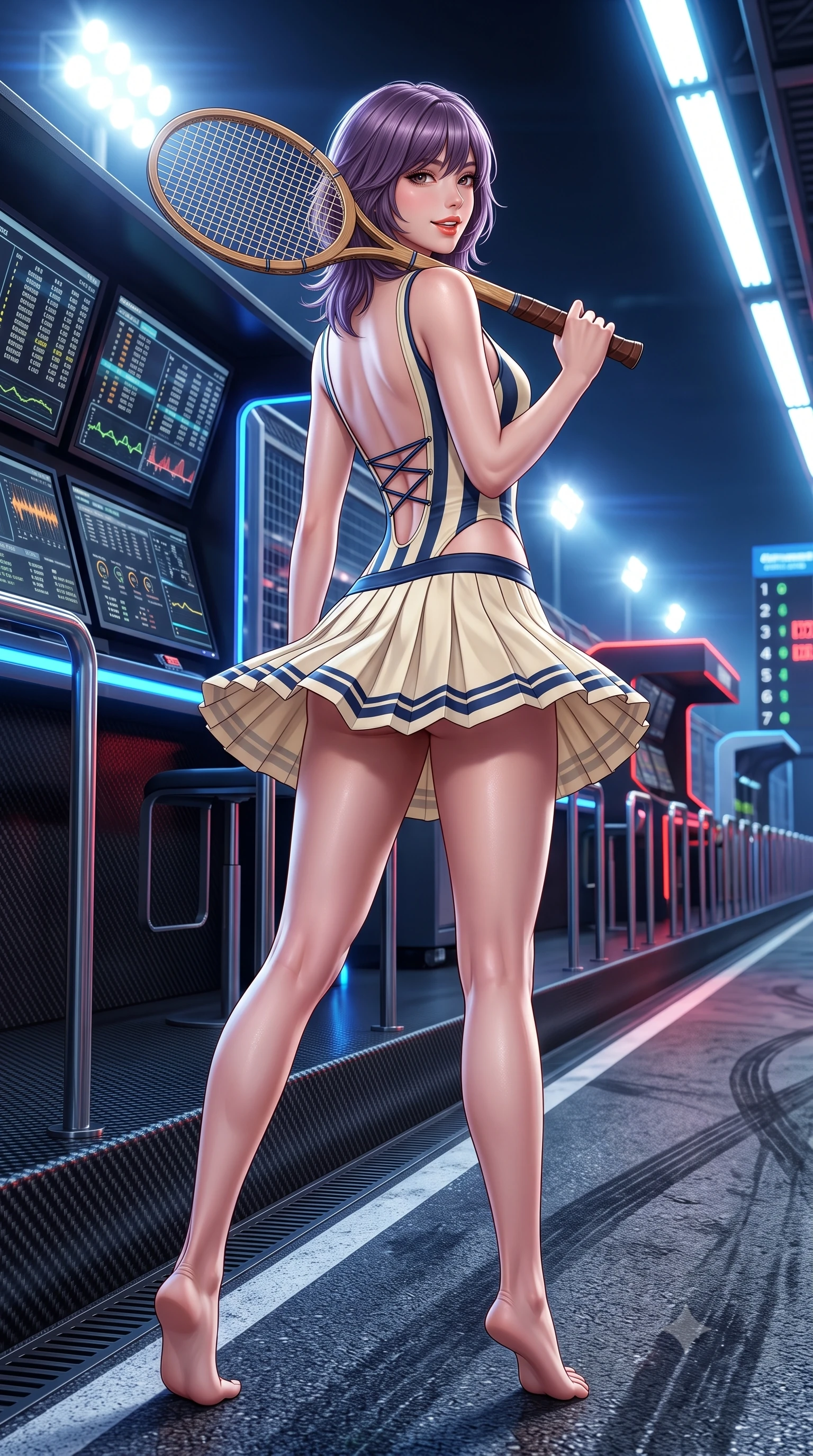 score_9, masterpiece, best quality, ultra-detailed, high-budget anime keyframe, semi-realistic 3D game render, editorial fashion photography, tasteful artistic composition, Japanese woman. low angle full-body shot from head to toe showing her feet, filling the entire 9:16 vertical frame with her statuesque presence, stretching her vertical silhouette. executing an athletic pivot turn as her pleated tennis skirt flutters around her slender legs, glancing over her shoulder with an intoxicating, teasing bedroom-gaze while standing poised on the illuminated pit wall overlooking the brightly lit pit straight, arching her back with high-octane racing queen glamour. The surrounding environment is rendered in vivid detail and crisp panoramic clarity: sharp telemetry monitor graphic screens, carbon pit wall panel textures, and asphalt tire rubber scuffs in deep focus. She has an absolutely perfect, statuesque 8.5-heads proportion, an exceptionally tall and slender model-like female figure with impossibly long slender legs, an ultra-slim waist, a flat toned midriff, narrow delicate ribcage, and beautifully sculpted feminine hips creating a graceful, slim hourglass silhouette without any bulky heaviness. sharp v-shaped jawline, high-bridge nose, sparkling eyes with athletic focus and depth, thick curled eyelashes, glossy parted lips with a natural coral-peach sheen, bright confident and coquettish smile with alluring bedroom-eyes, exuding both youthful sporty vigor and sovereign high-society glamour, flawlessly proportioned anatomical accuracy, strict slender model proportions, natural body alignment, perfectly sculpted long slender limbs, ultra-slim waistline, clean dynamic posture without body distortion. wearing a backless lace-up racing leotard with side hip cutouts and a pleated wrap skirt framing her hourglass curves in retro tennis cream and navy blue stripes, made of smooth liquid-tight stretch jersey emphasizing every curve of her body, featuring a vintage wooden tennis racket held casually over one shoulder, the precision-cut side openings and low-back scoop framing her graceful spine and the sensual sweep of her slim, athletic hips. bathed in intense, high-contrast track floodlight white and pit-box neon accents. highly saturated vibrant anime colors, detailed shading with soft gradients, rich glossy textures, high-contrast stereoscopic depth, volumetric dynamic lighting, master piece, 9:16 ratio