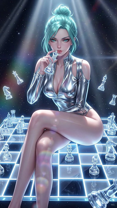 A cinematic camera pan of the character in a futuristic setting. Volumetric sunlight streams through the windows, creating dynamic rainbow lens flares and moving light beams. Cybernetic particles and soft cosmic dust float gently in the air. A subtle