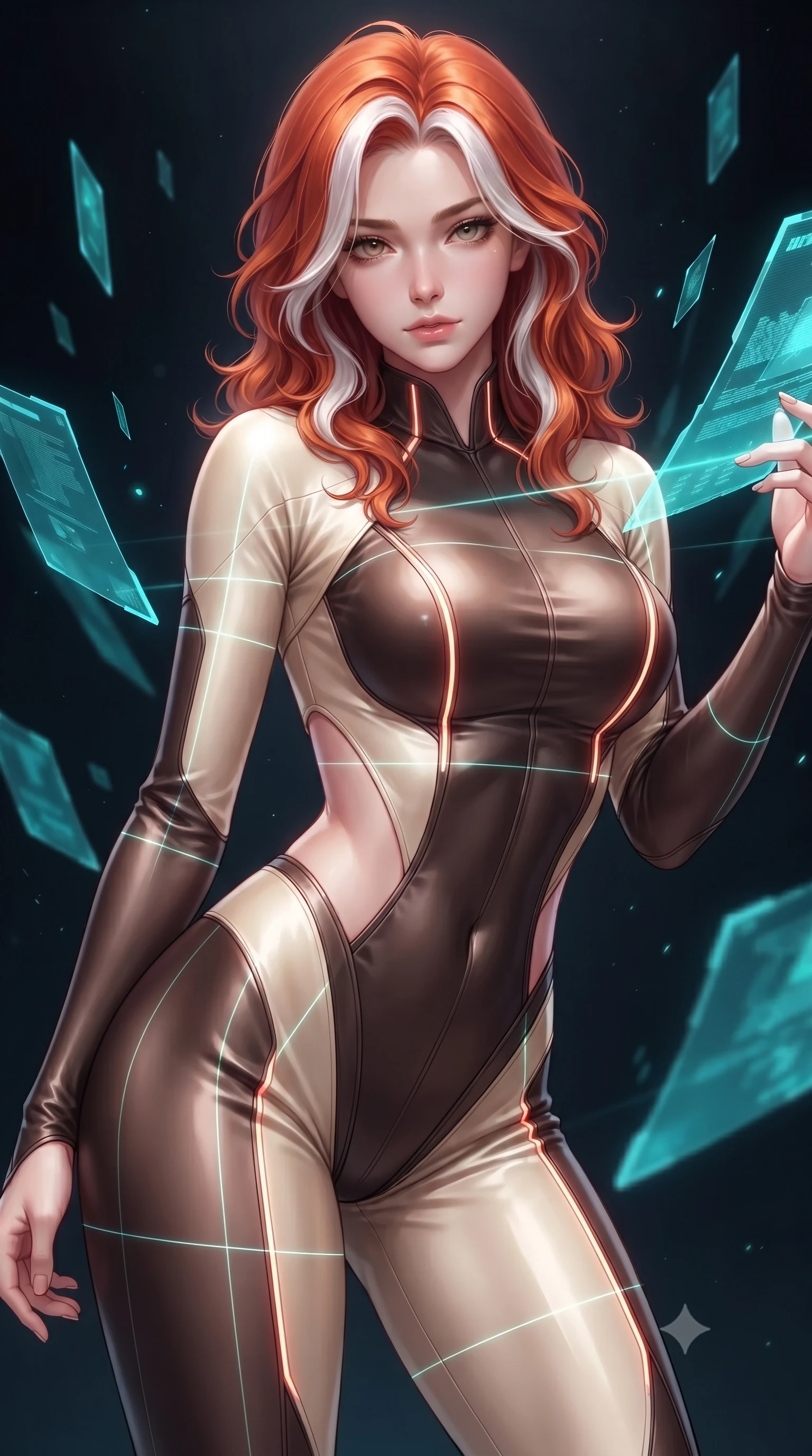 score_9, masterpiece, best quality, ultra-detailed, high-budget anime keyframe, editorial fashion photography, tasteful artistic composition, Caucasian woman. close-up cowboy shot from the waist and thighs up, the character dominates the composition, filling the frame with her large presence, background elements kept in soft focus. Leaning slightly forward with a composed, seductive gaze under soft glowing light manipulating floating translucent cyan hologram data shards in a void, laser lines casting precise geometric grid highlights on her athletic form. She has an exceptionally elegant, slender, and willowy female figure with an ultra-slim waist, a gracefully sculpted slender torso, and a refined silhouette. sharp v-shaped jawline, high-bridge nose, intricate jewel-like eyes with depth, thick eyelashes, glossy lips with a natural sheen. wearing a skin-tight cybernetic bodysuit with glowing neon seams and side cutouts in espresso brown and warm cream, crafted from lustrous satin jersey with fluid draping, featuring clean architectural cutouts along her slender torso, the tailored fabric tightly following every curve of her athletic build. lit by bright volumetric laser beams and soft specular highlights. highly saturated vibrant anime colors, detailed shading with soft gradients, rich glossy textures, high-contrast stereoscopic depth, volumetric dynamic lighting, master piece, 9:16 ratio