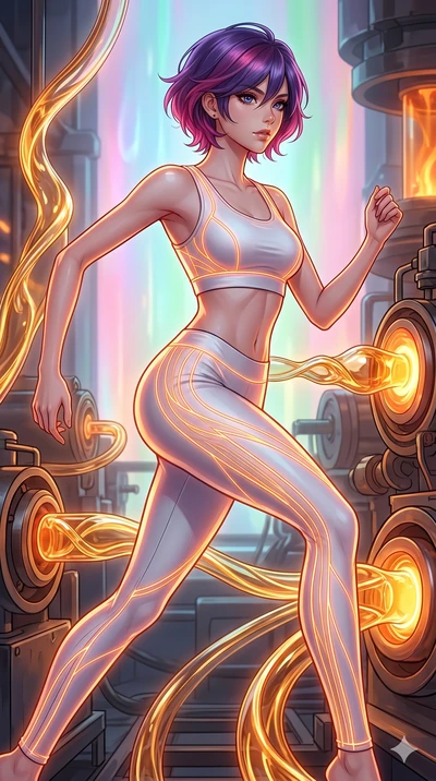 score_9, masterpiece, best quality, ultra-detailed, high-budget anime keyframe, Caucasian woman, strictly human ears. upper body close-up from the thighs up, character filling the screen for maximum presence. bounding through a molten glass art studi